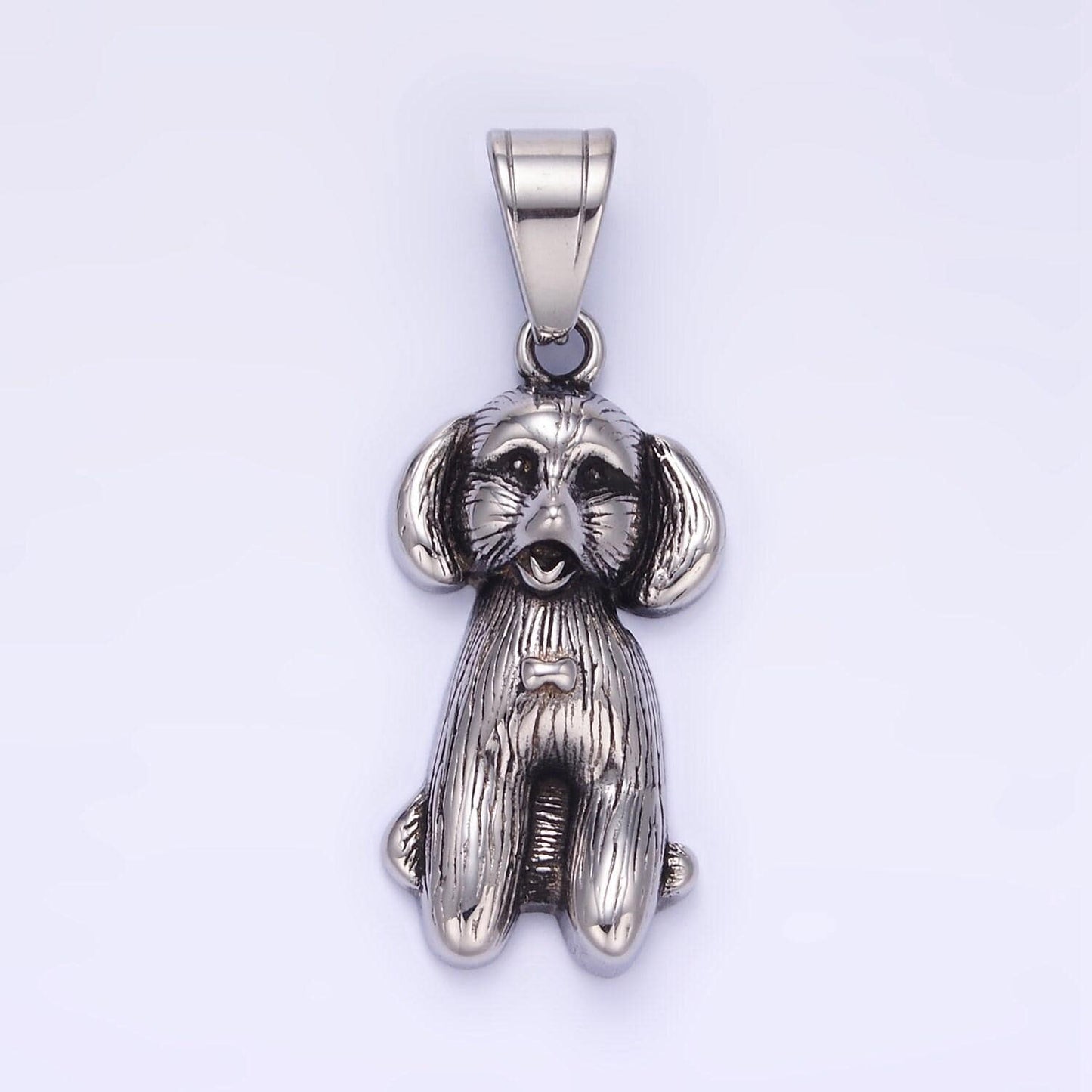 Stainless steel 36.5mm bow-tied puppy dog pet textured pendant in gold silver for necklace charm | p1460