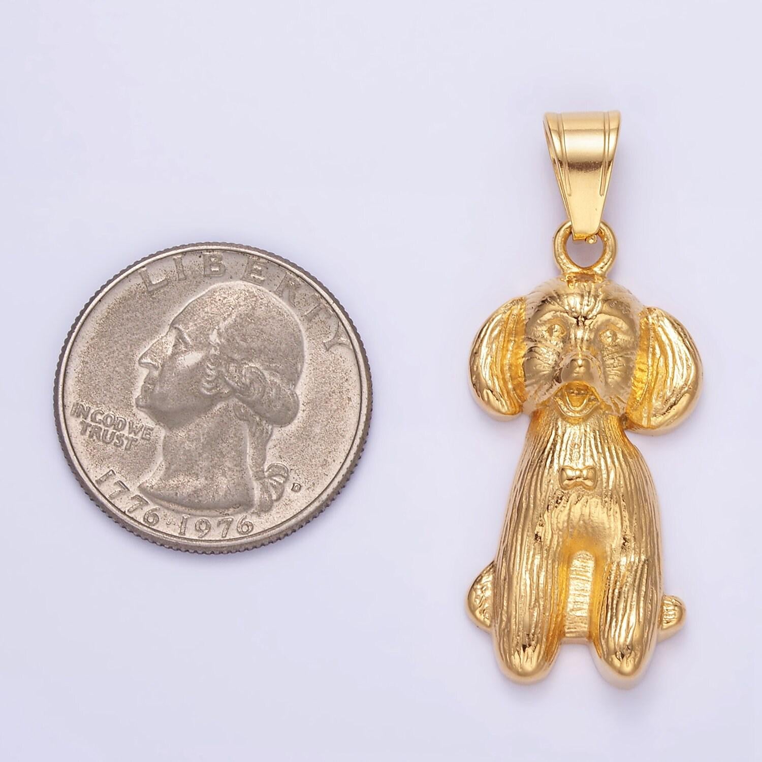 Stainless steel 36.5mm bow-tied puppy dog pet textured pendant in gold silver for necklace charm | p1460