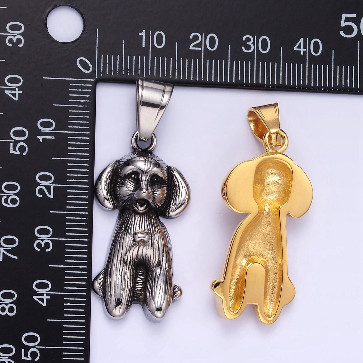 Stainless steel 36.5mm bow-tied puppy dog pet textured pendant in gold silver for necklace charm | p1460