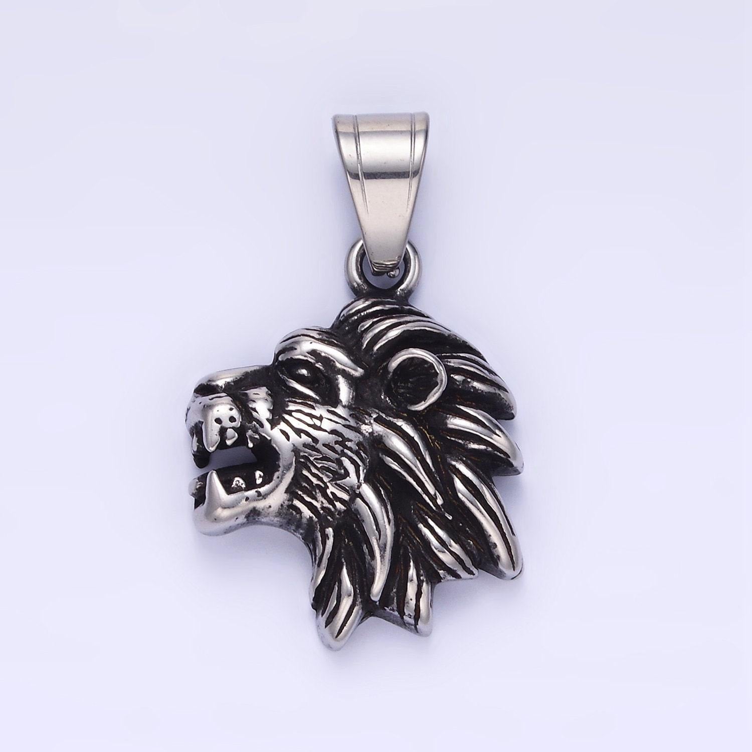 Stainless steel silver lion pendant dark king of jungle charm for statement necklace | p-1453