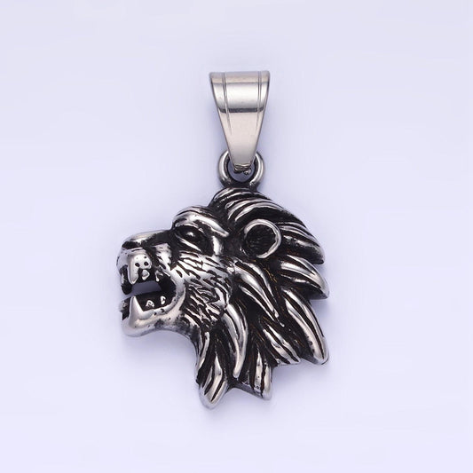 Stainless steel silver lion pendant dark king of jungle charm for statement necklace | p-1453
