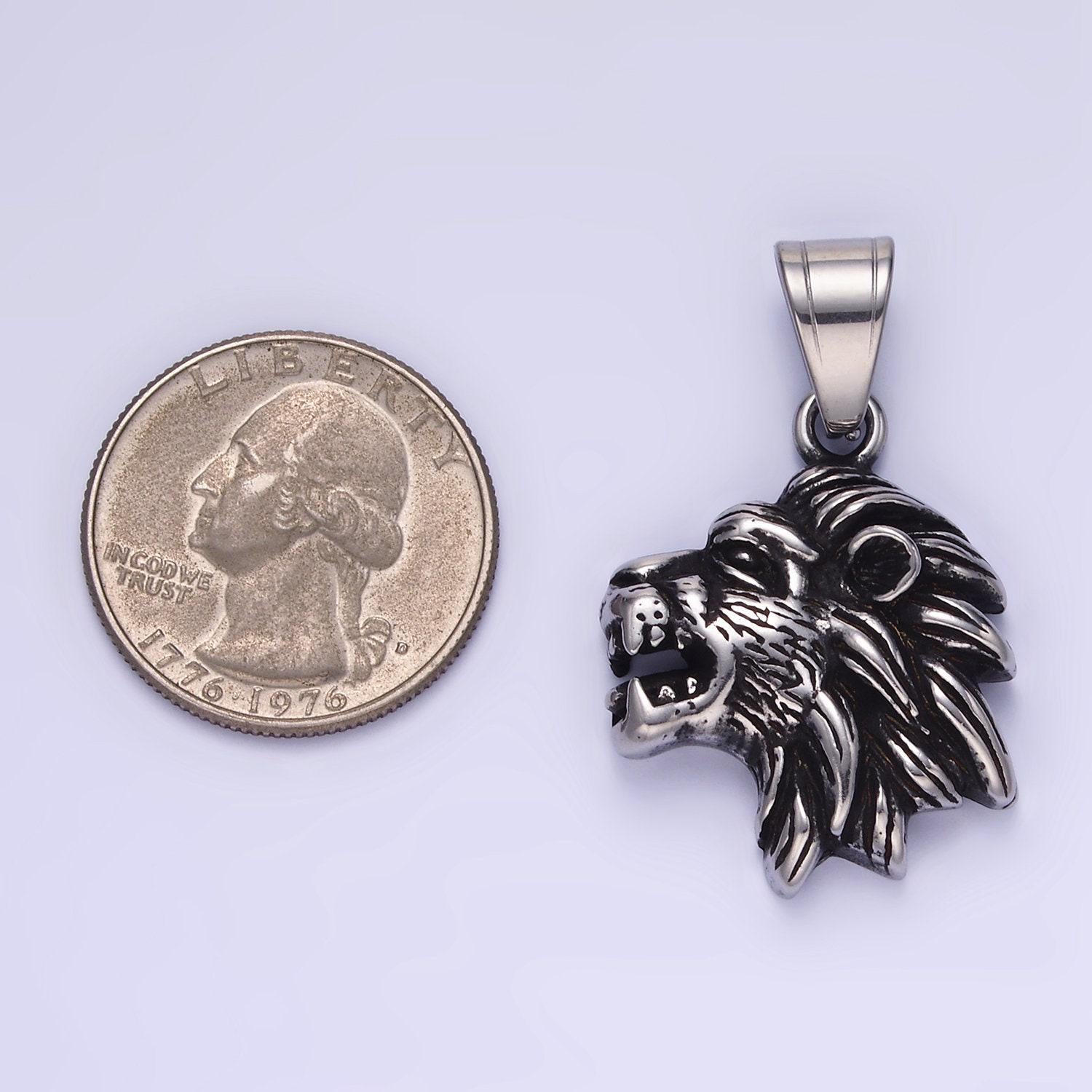 Stainless steel silver lion pendant dark king of jungle charm for statement necklace | p-1453