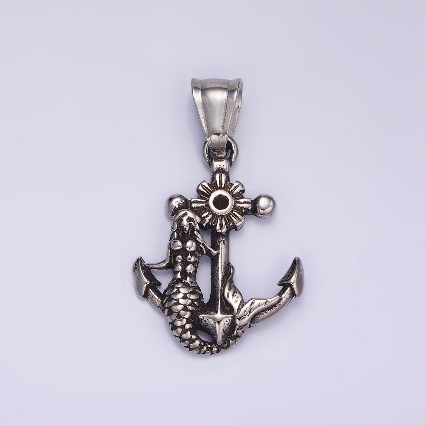 Silver mermaid nautical charm stainless steel 21.5mm anchor with mermaid pendant statement men jewelry making supply | p-1430