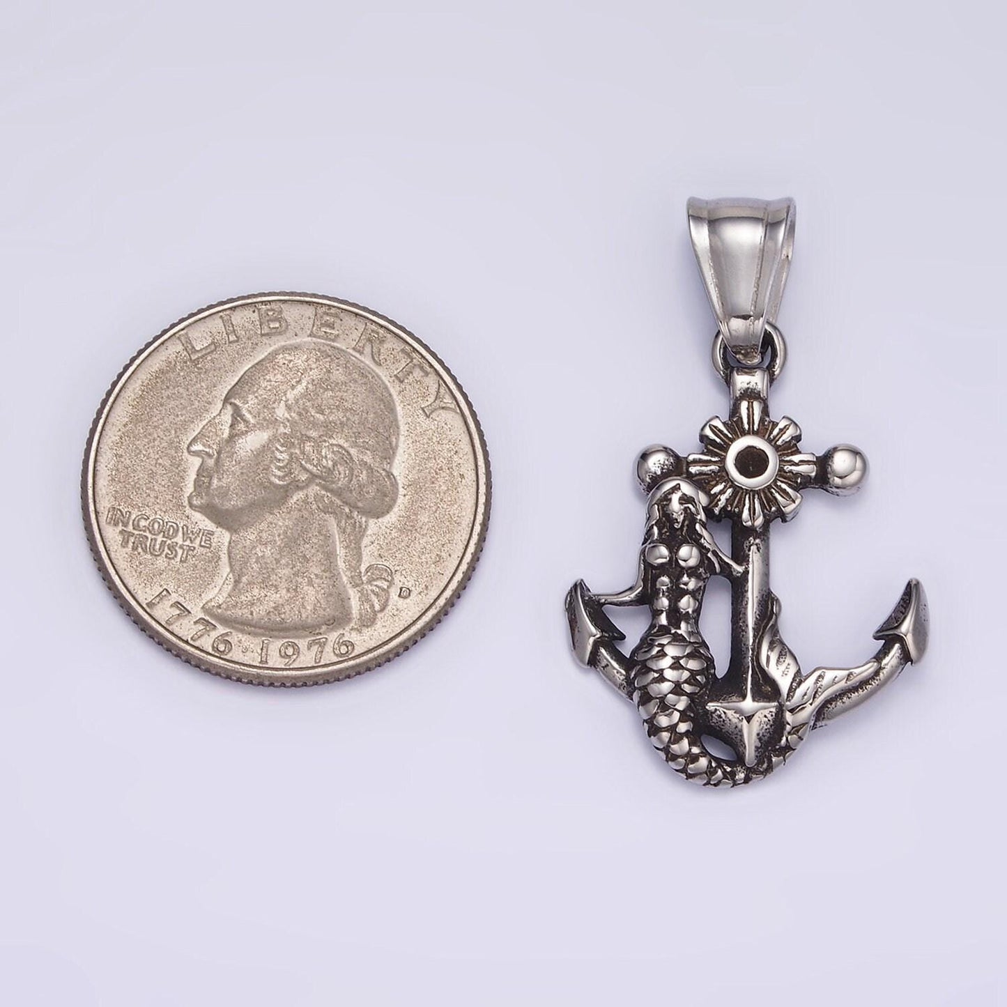 Silver mermaid nautical charm stainless steel 21.5mm anchor with mermaid pendant statement men jewelry making supply | p-1430