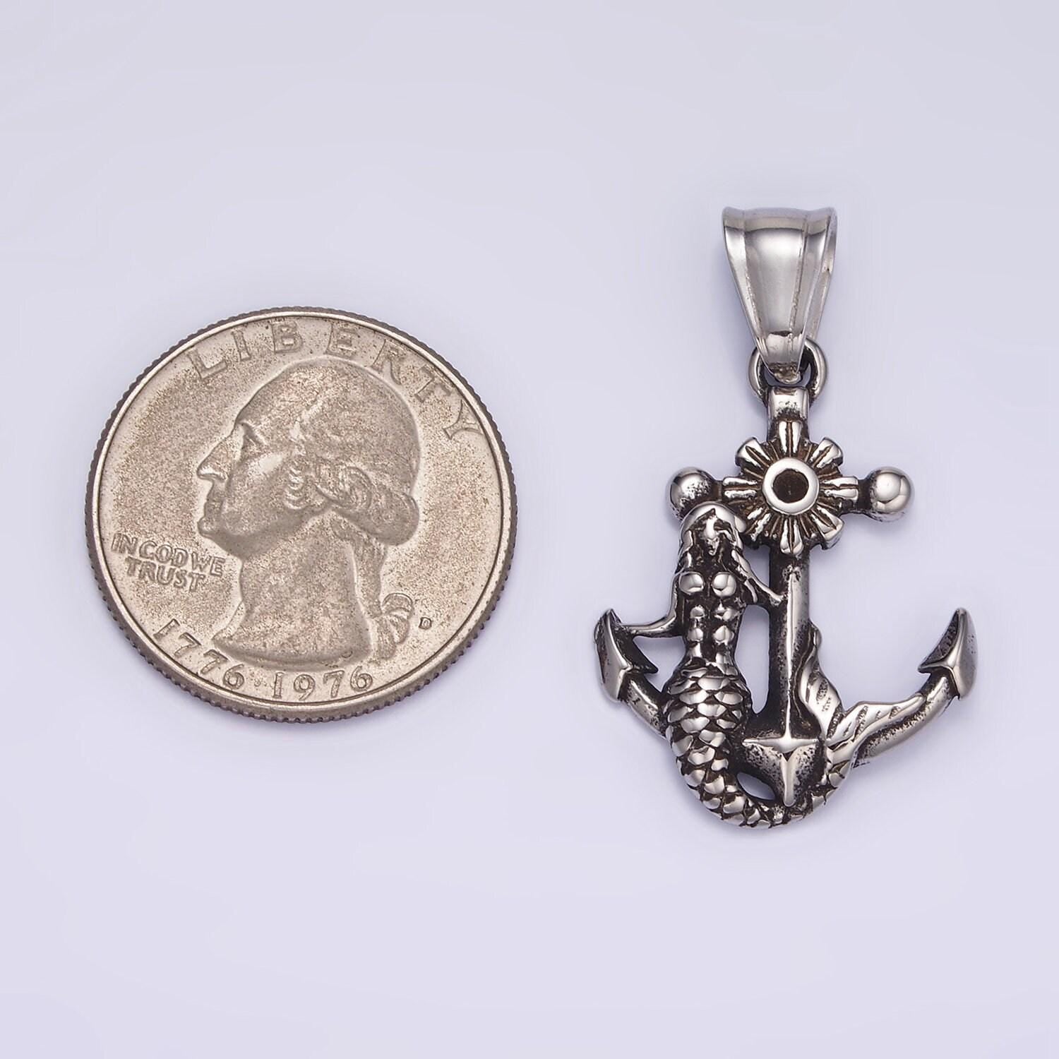 Silver mermaid nautical charm stainless steel 21.5mm anchor with mermaid pendant statement men jewelry making supply | p-1430