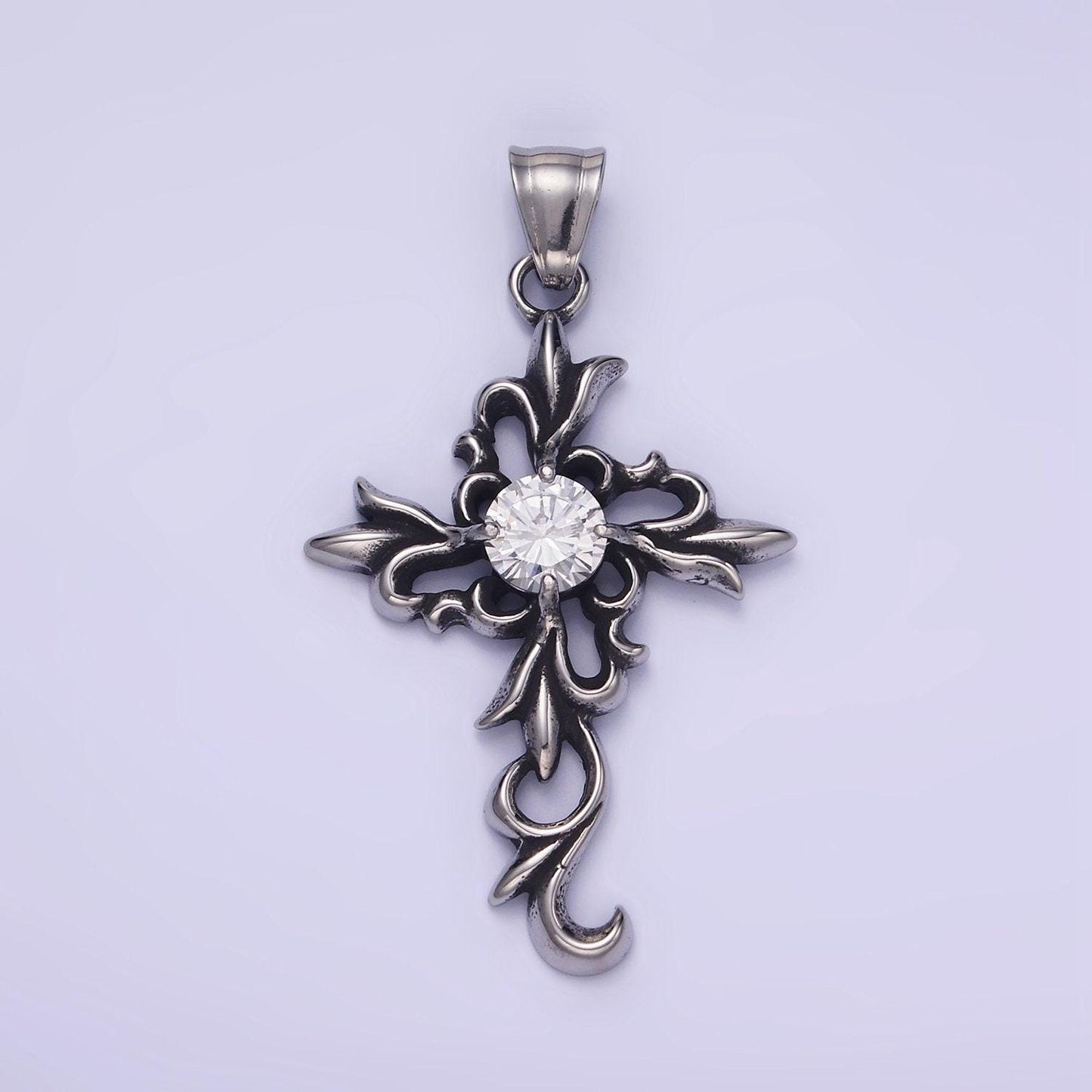 Stainless steel cz elaborate artisan cross oxidized silver pendant | p-1422