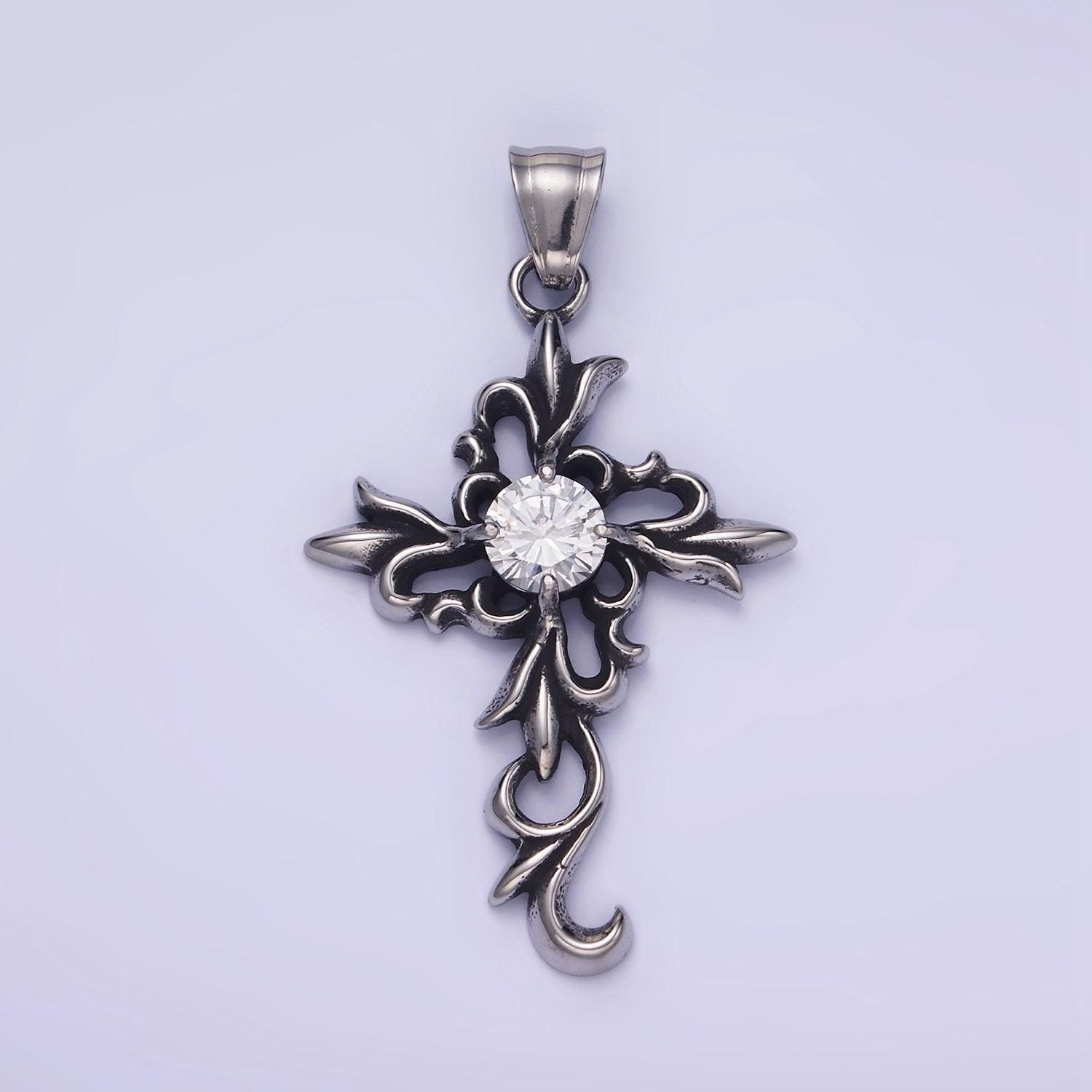 Stainless steel cz elaborate artisan cross oxidized silver pendant | p-1422