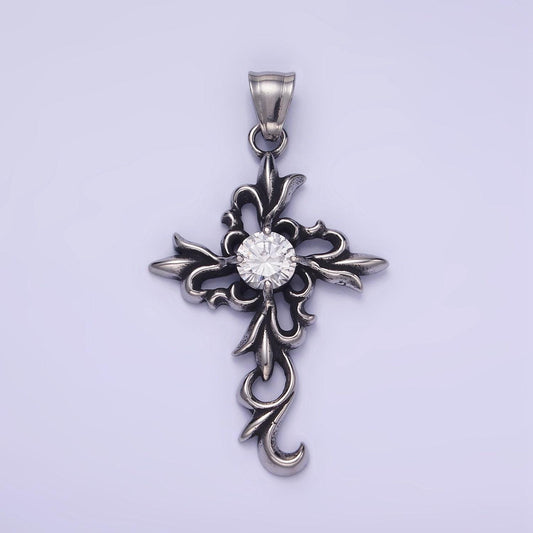 Stainless steel cz elaborate artisan cross oxidized silver pendant | p-1422