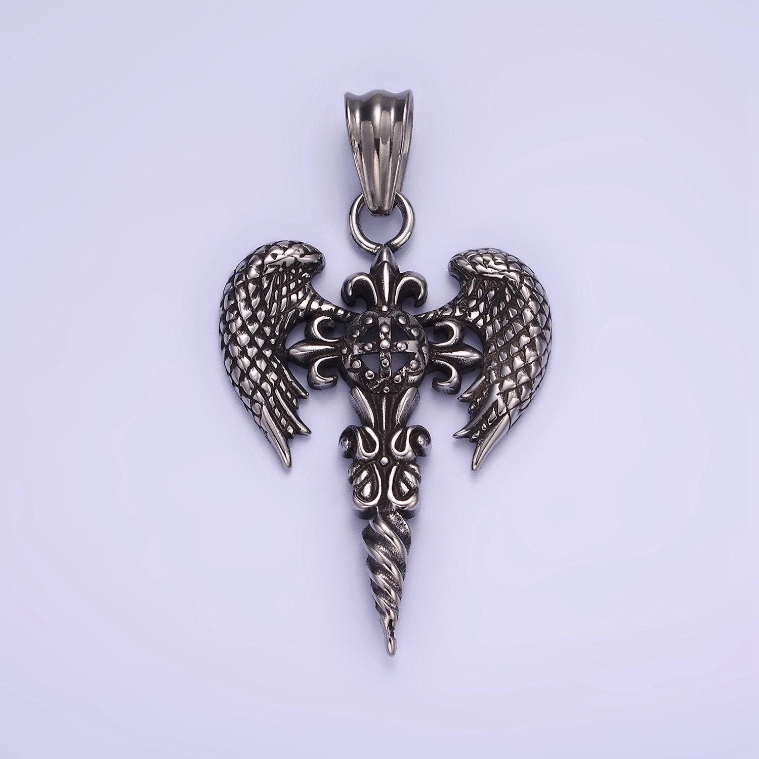 Sword gothic cross eagle wing pendant necklace for men stainless steel punk angel wing charm for jewelry making p-1412