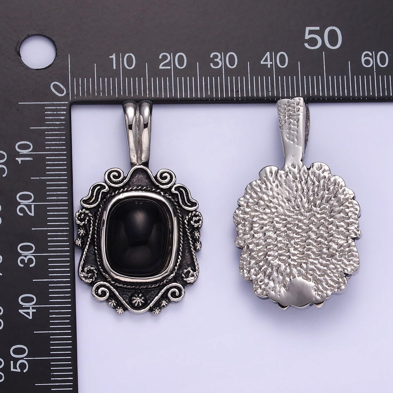 Medallion silver black onyx pendant black stone pendant stainless steel necklace charm for gothic antique jewelry inspired p1411