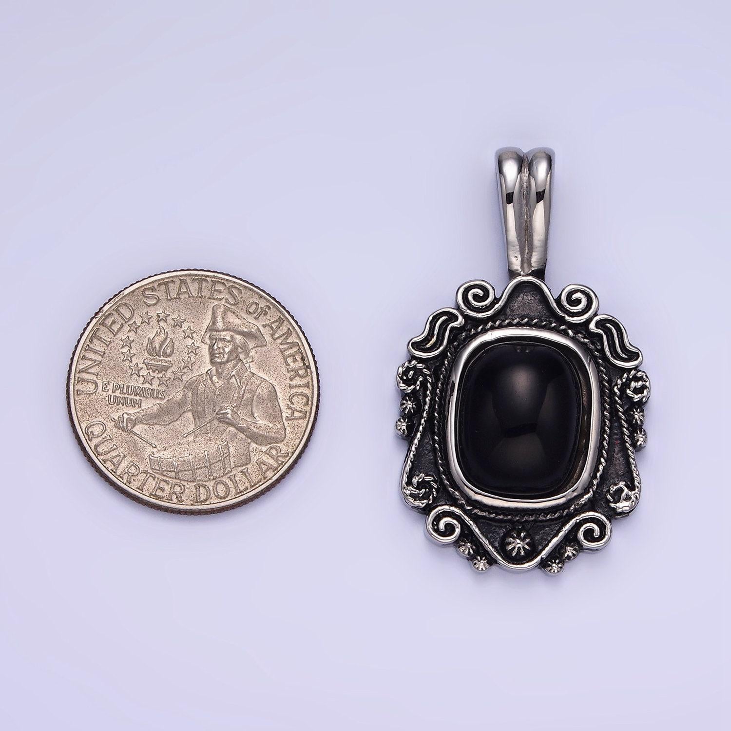 Medallion silver black onyx pendant black stone pendant stainless steel necklace charm for gothic antique jewelry inspired p1411