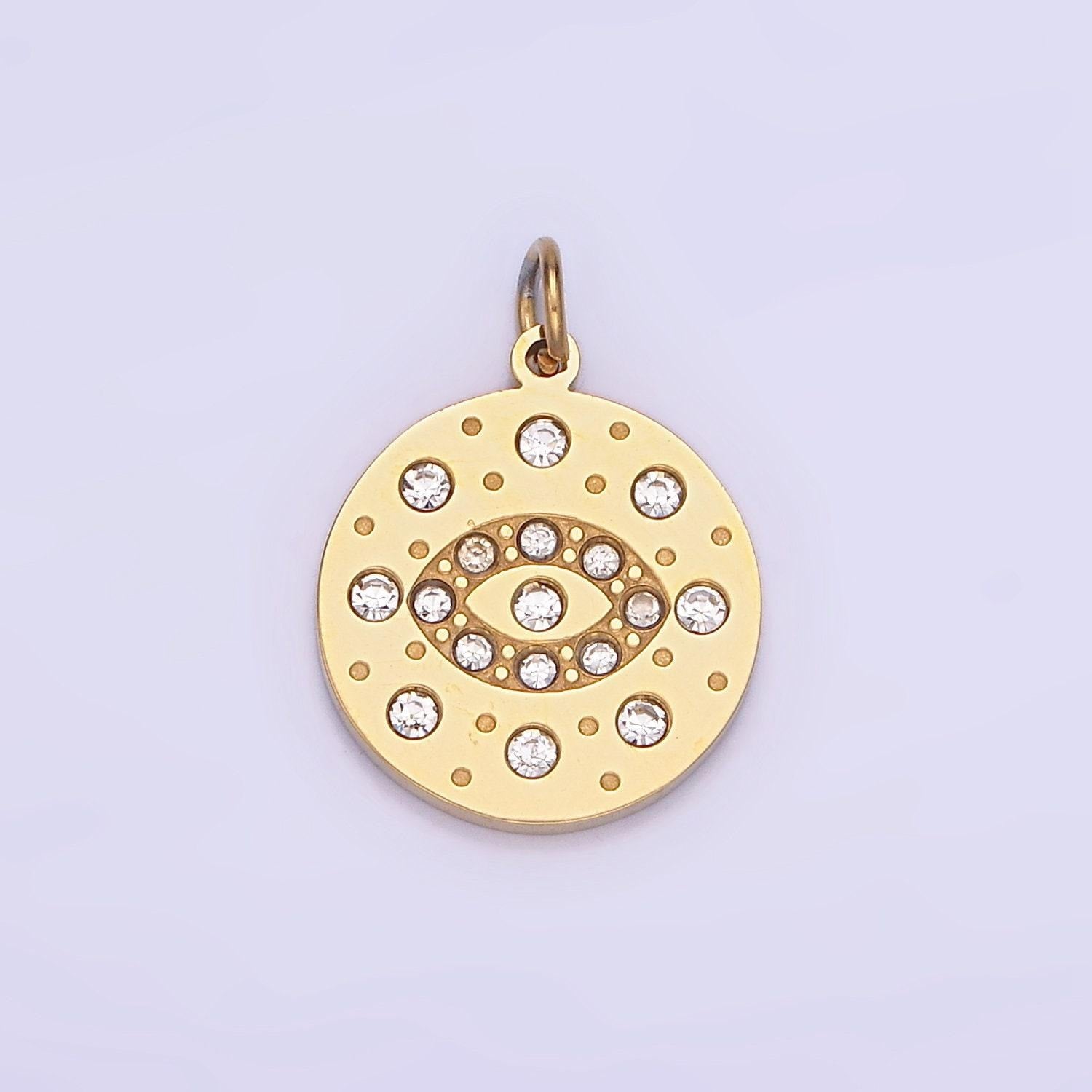 Mini gold stainless steel evil eye charm round coin crystal pendant | p-1407