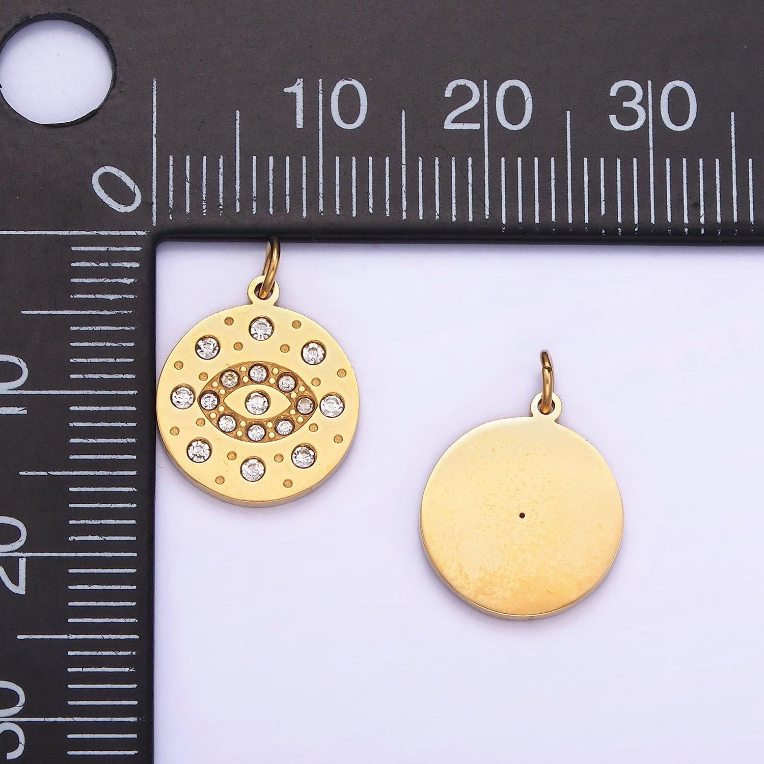 Mini gold stainless steel evil eye charm round coin crystal pendant | p-1407
