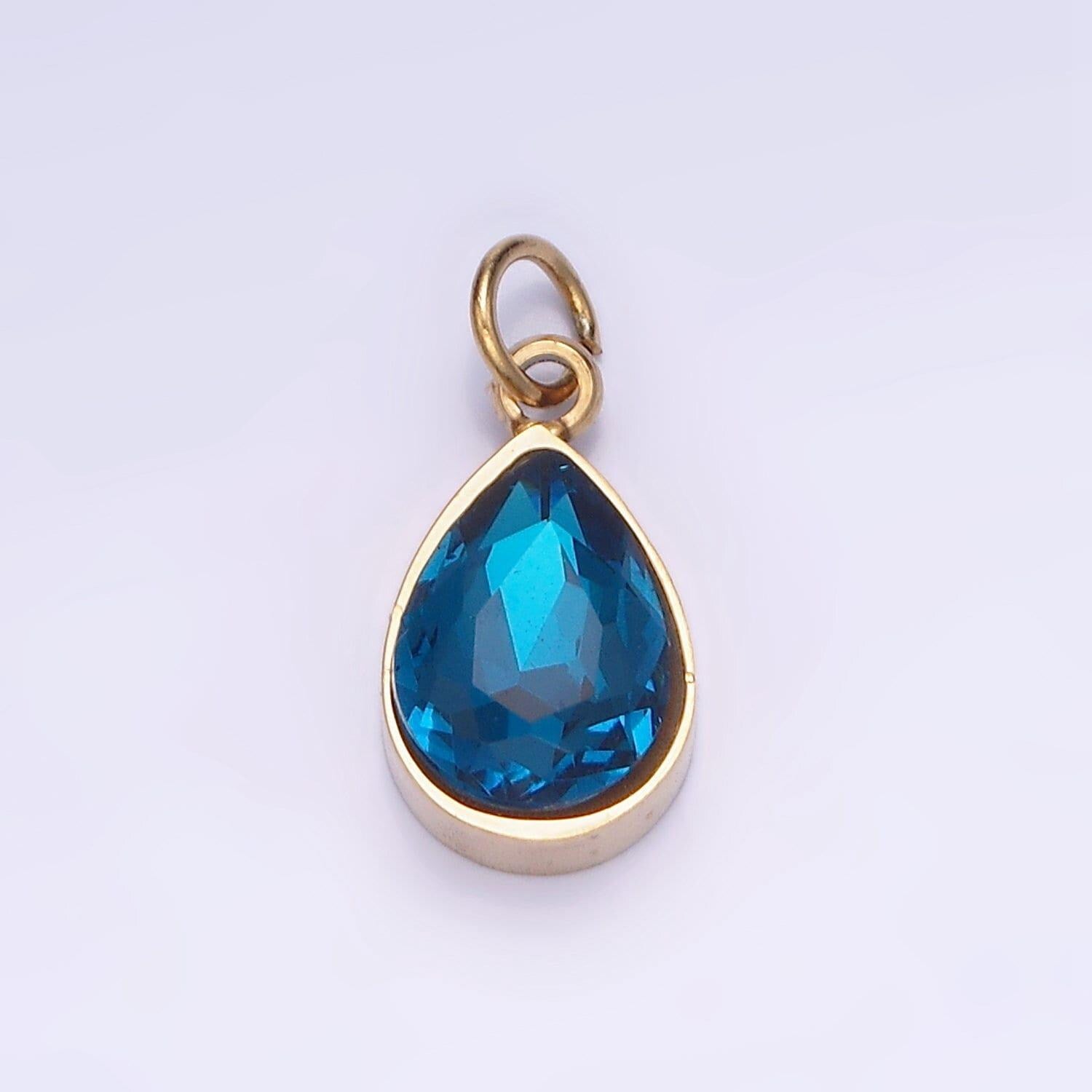 Dainty gold stainless steel blue teardrop crystal charm | p-1406