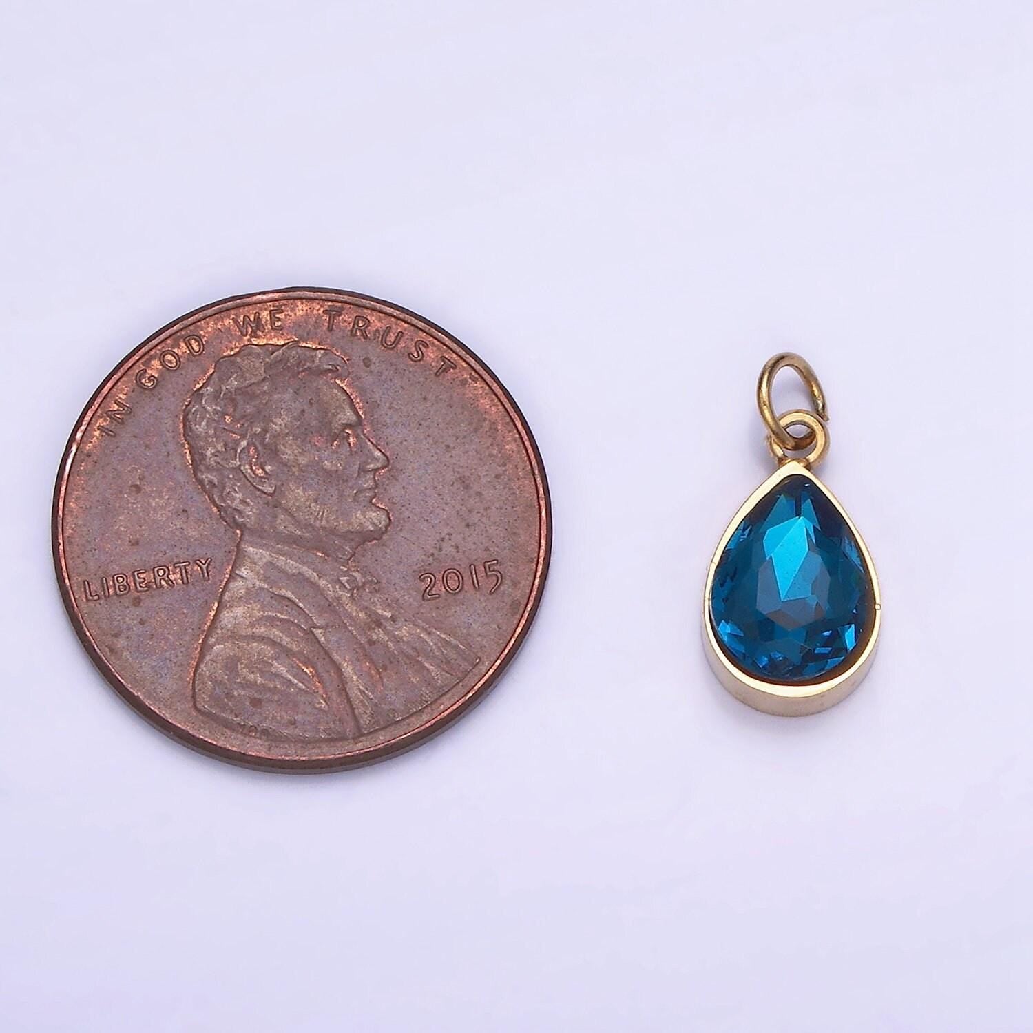 Dainty gold stainless steel blue teardrop crystal charm | p-1406