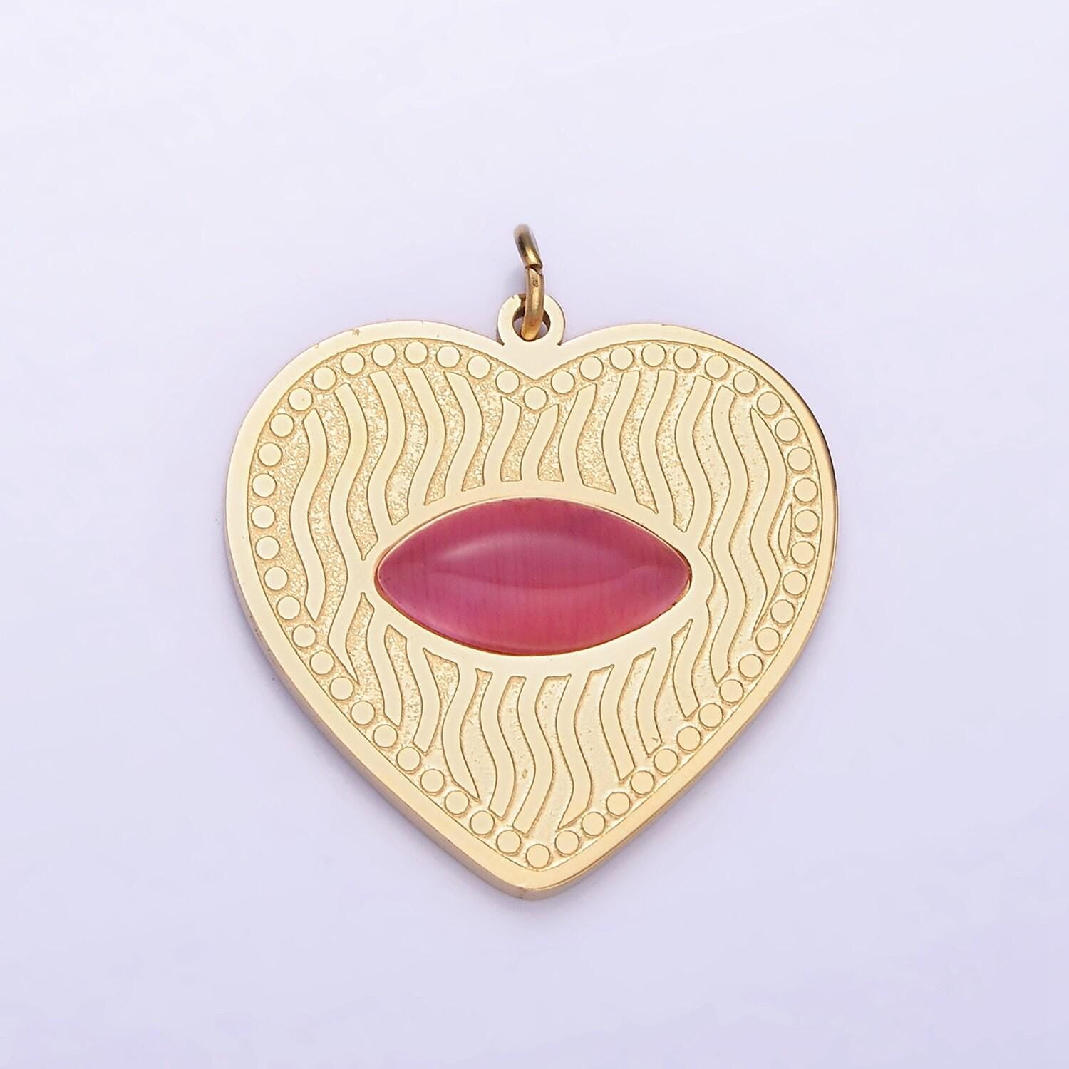 Dainty gold heart stainless steel charm red eye carnelian stone medallion pendant | p-1402
