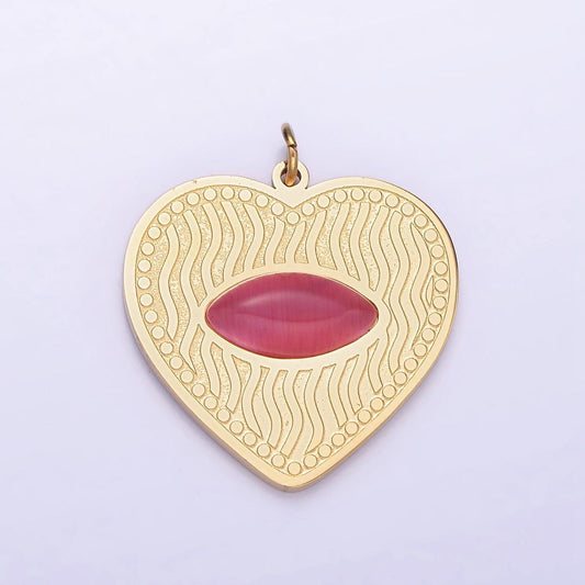 Dainty gold heart stainless steel charm red eye carnelian stone medallion pendant | p-1402