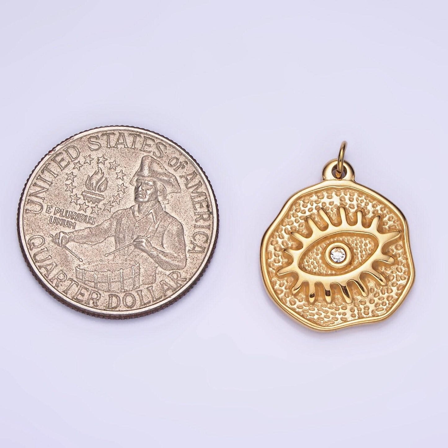 Dainty gold stainless steel evil eye charm round coin pendant | p-1401
