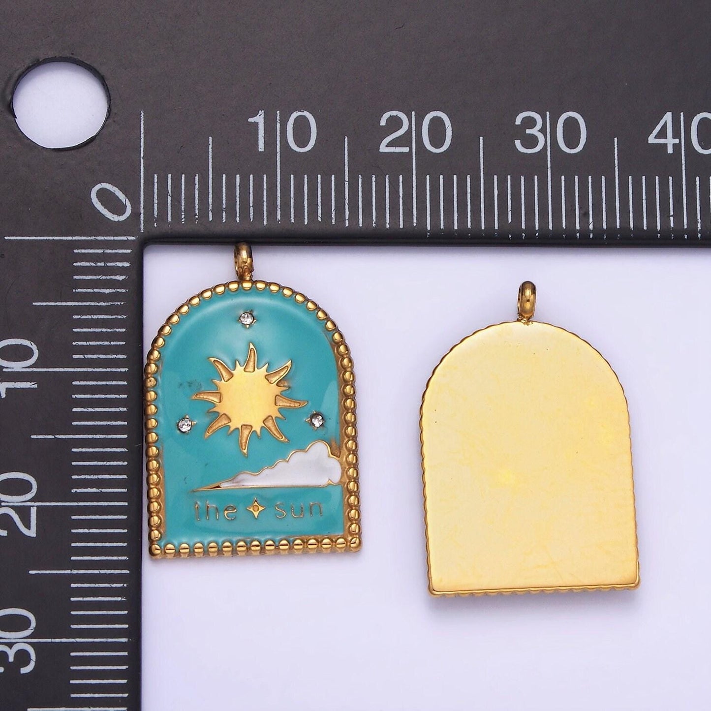 Dainty gold stainless steel sun charm in window tag enamel morning sky pendant p-1397
