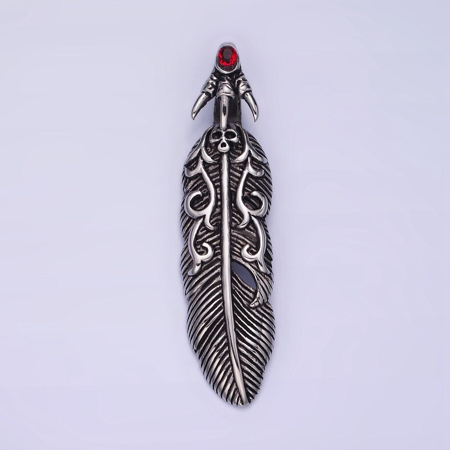 Dark silver stainless steel gothic feather w/ red eye charm for necklace pendant men jewelry making | p1390