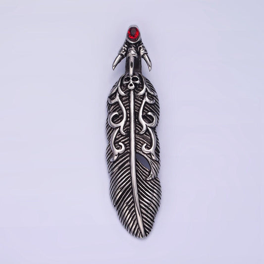 Dark silver stainless steel gothic feather w/ red eye charm for necklace pendant men jewelry making | p1390