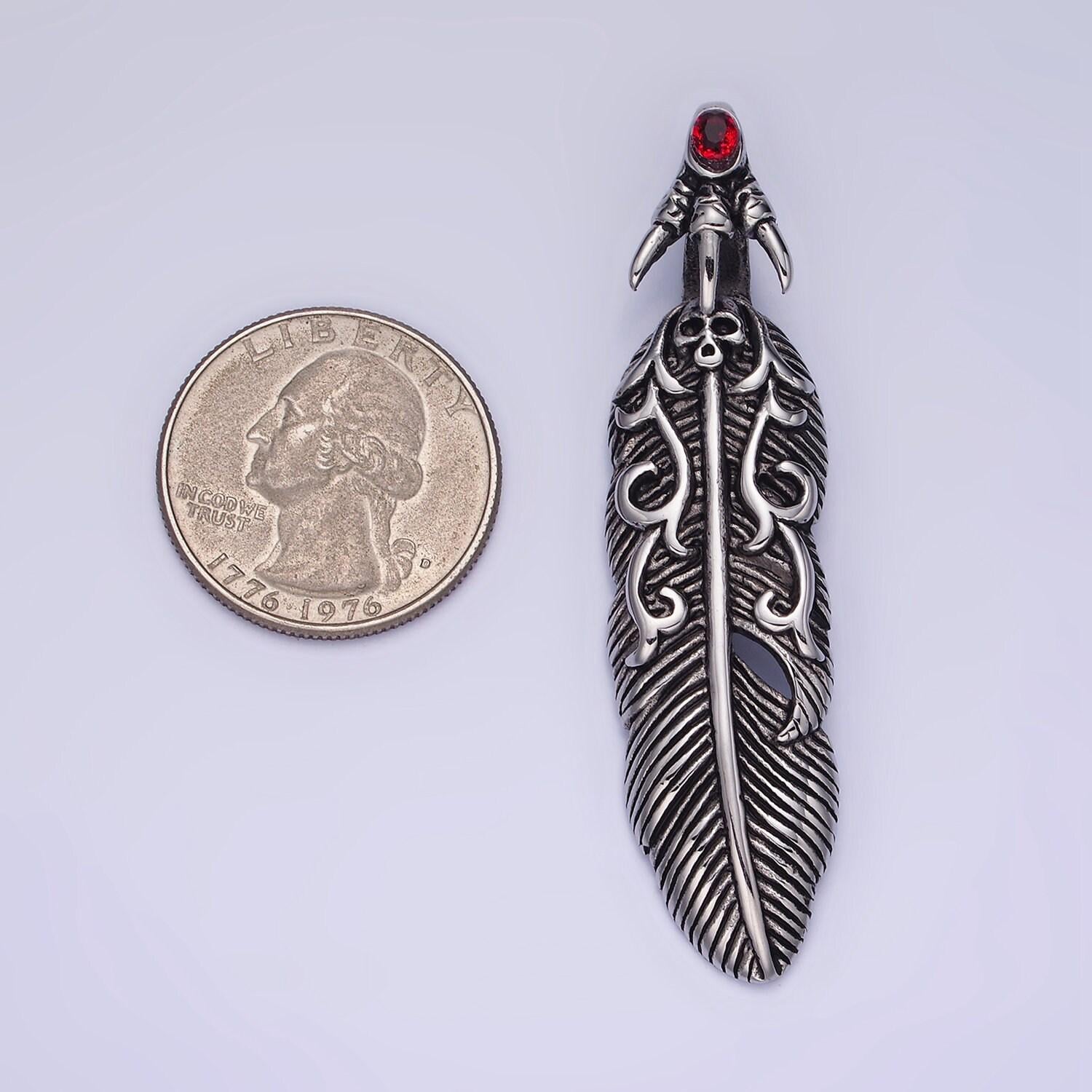 Dark silver stainless steel gothic feather w/ red eye charm for necklace pendant men jewelry making | p1390