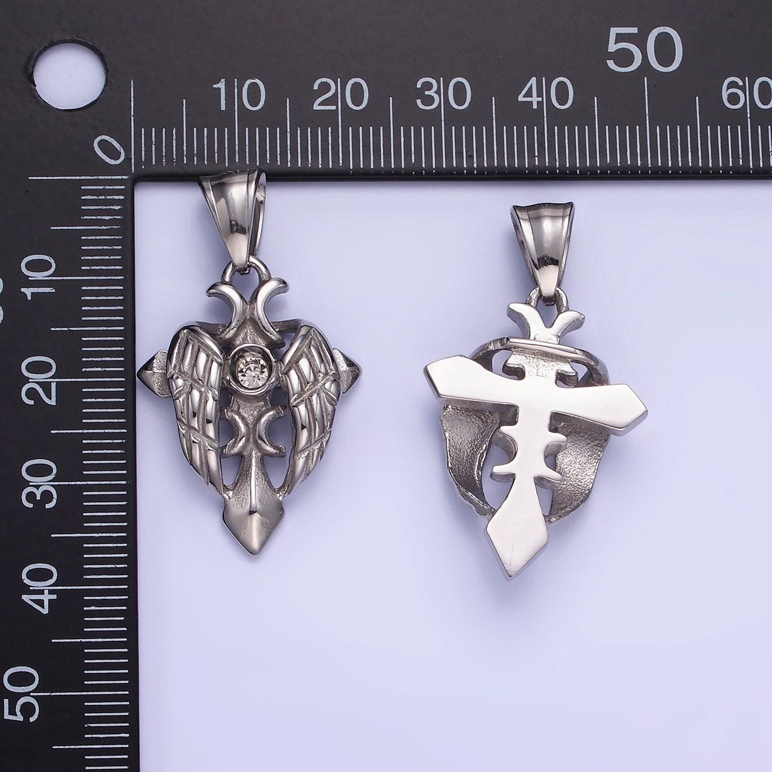 Stainless steel 37mm gothic silver cross crown feather wings pendant | p1389