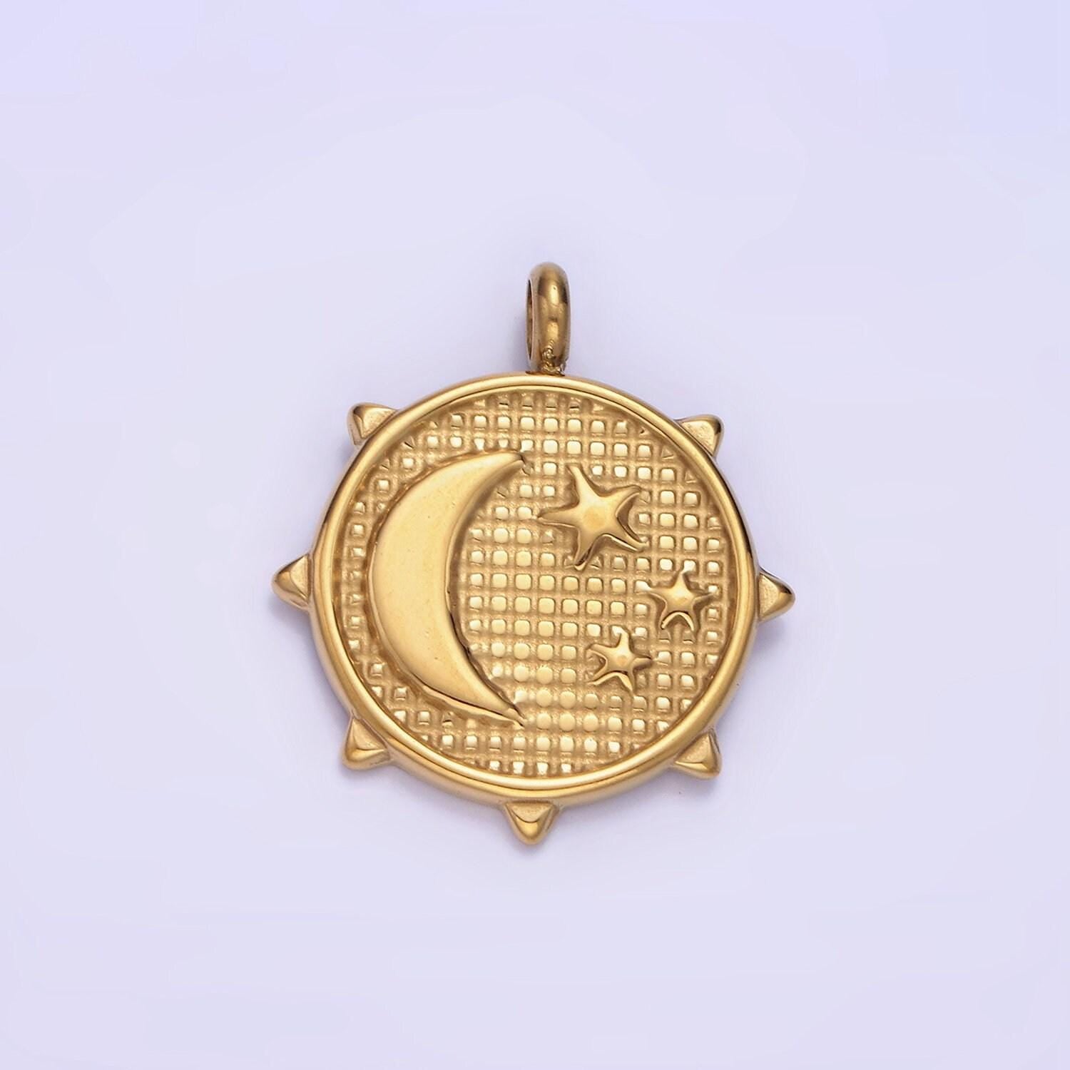 Dainty gold crescent moon mini charm necklace pendant dainty gold moon and star medallion pendant stainless steel findings p1379