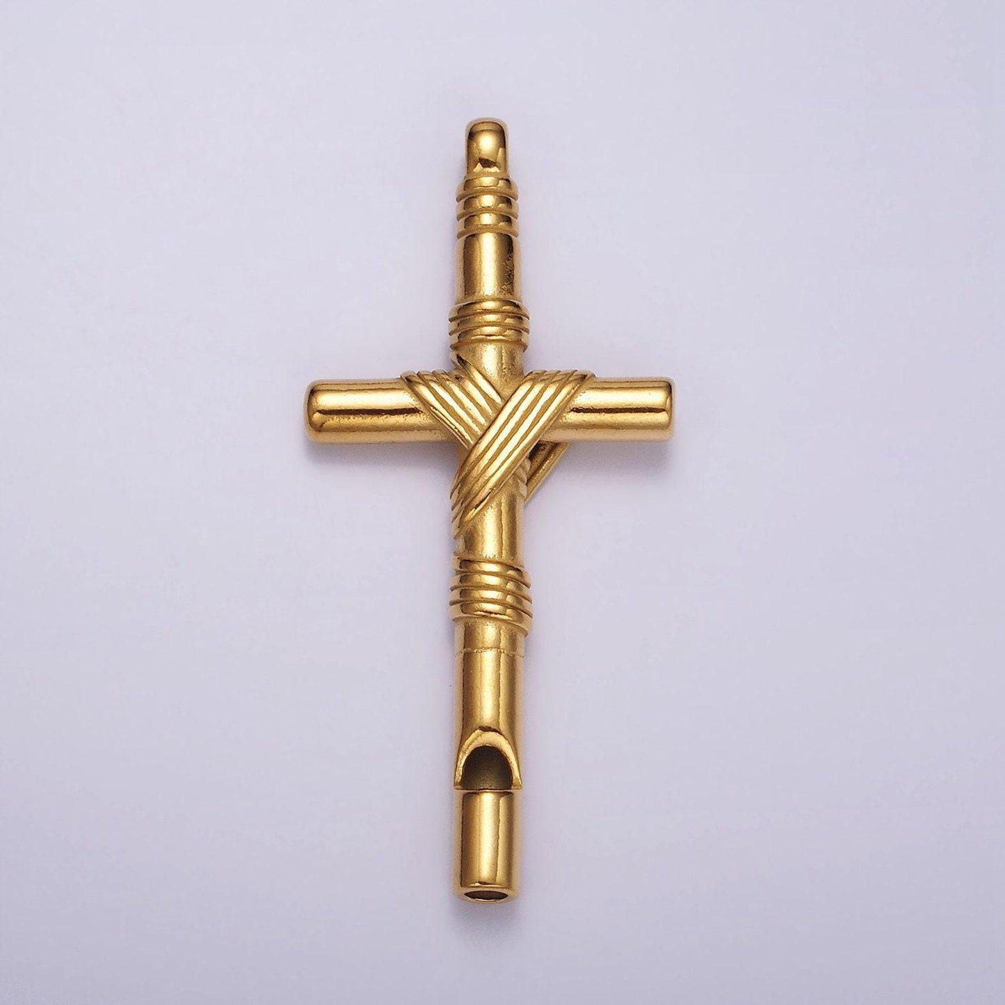 Stainless steel 65mm lined rope tied latin cross religious pendant in gold & silver | p1363