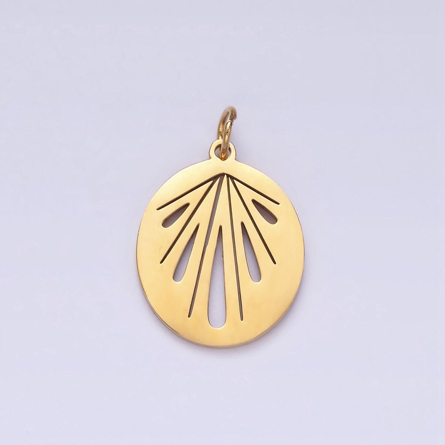 Stainless steel sunburst geometric teardrop lined open oval charm | p1359