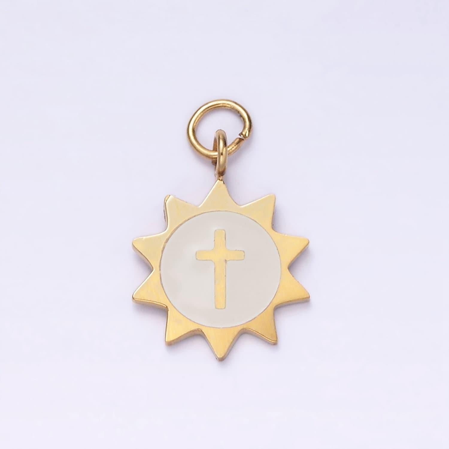 Stainless steel 11mm round sun charm with cross design pendant for religious jewelry making p-1357