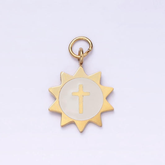 Stainless steel 11mm round sun charm with cross design pendant for religious jewelry making p-1357