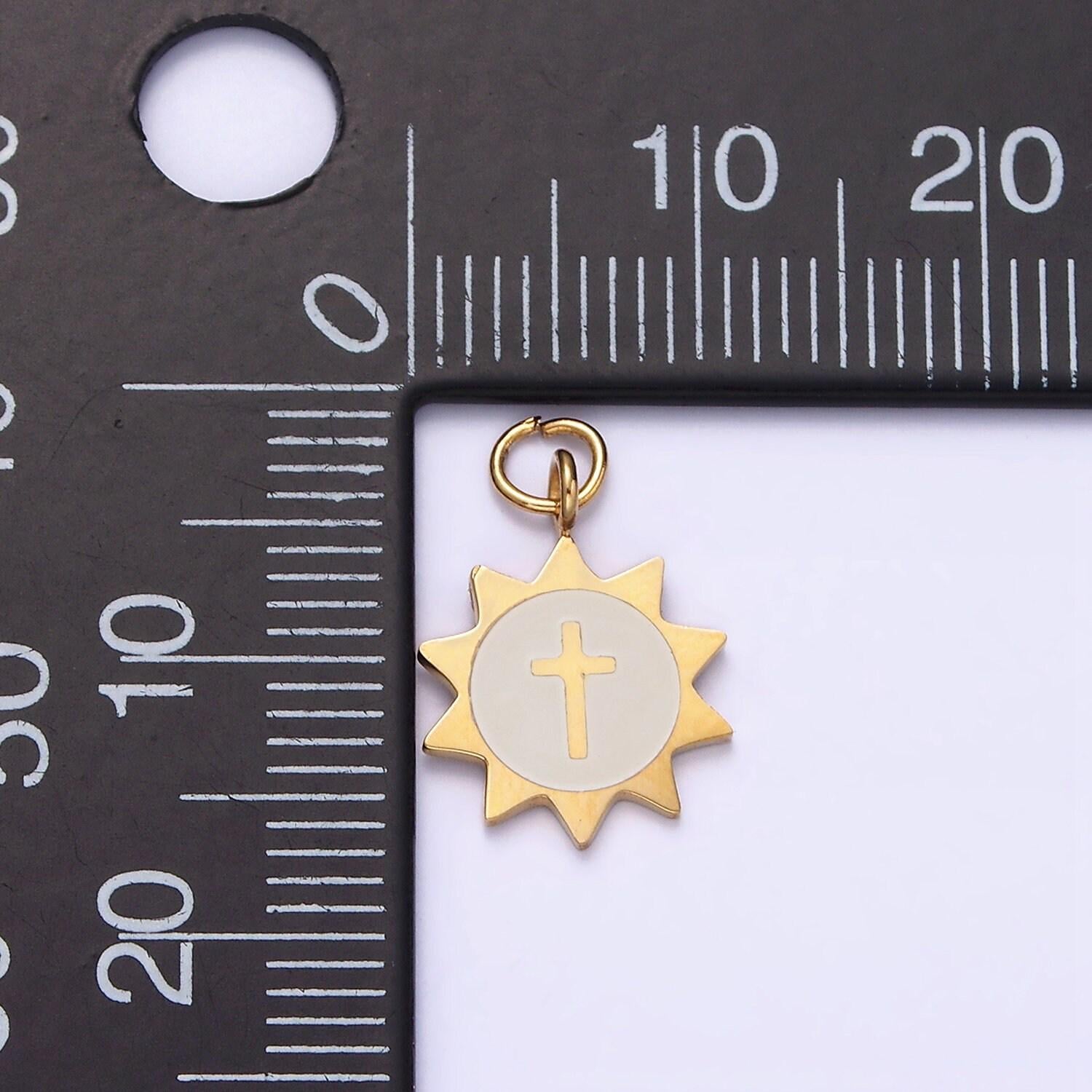Stainless steel 11mm round sun charm with cross design pendant for religious jewelry making p-1357