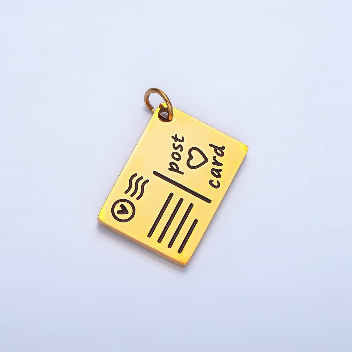 Scripted "post <3 card" black enamel out-line, stainless steel travel charm | p-1339