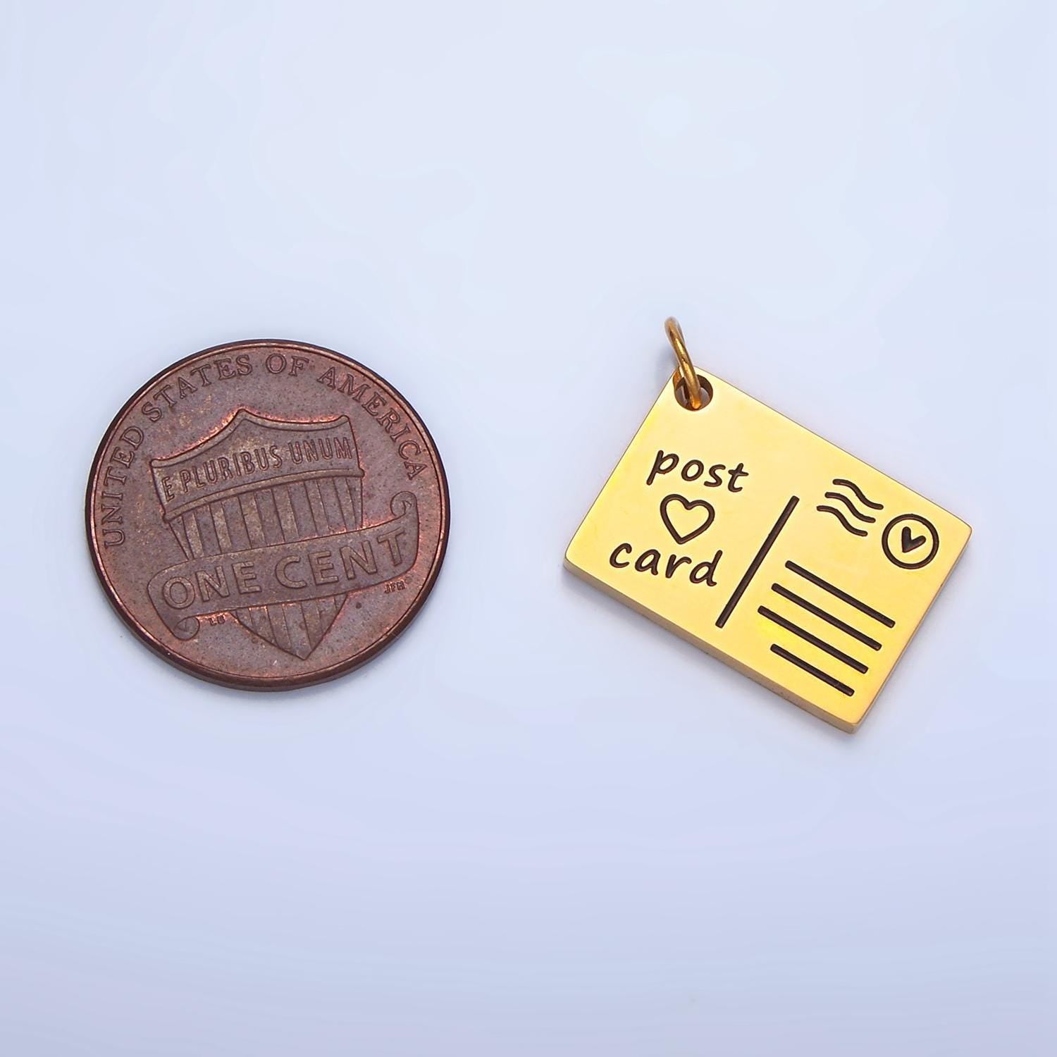 Scripted "post <3 card" black enamel out-line, stainless steel travel charm | p-1339