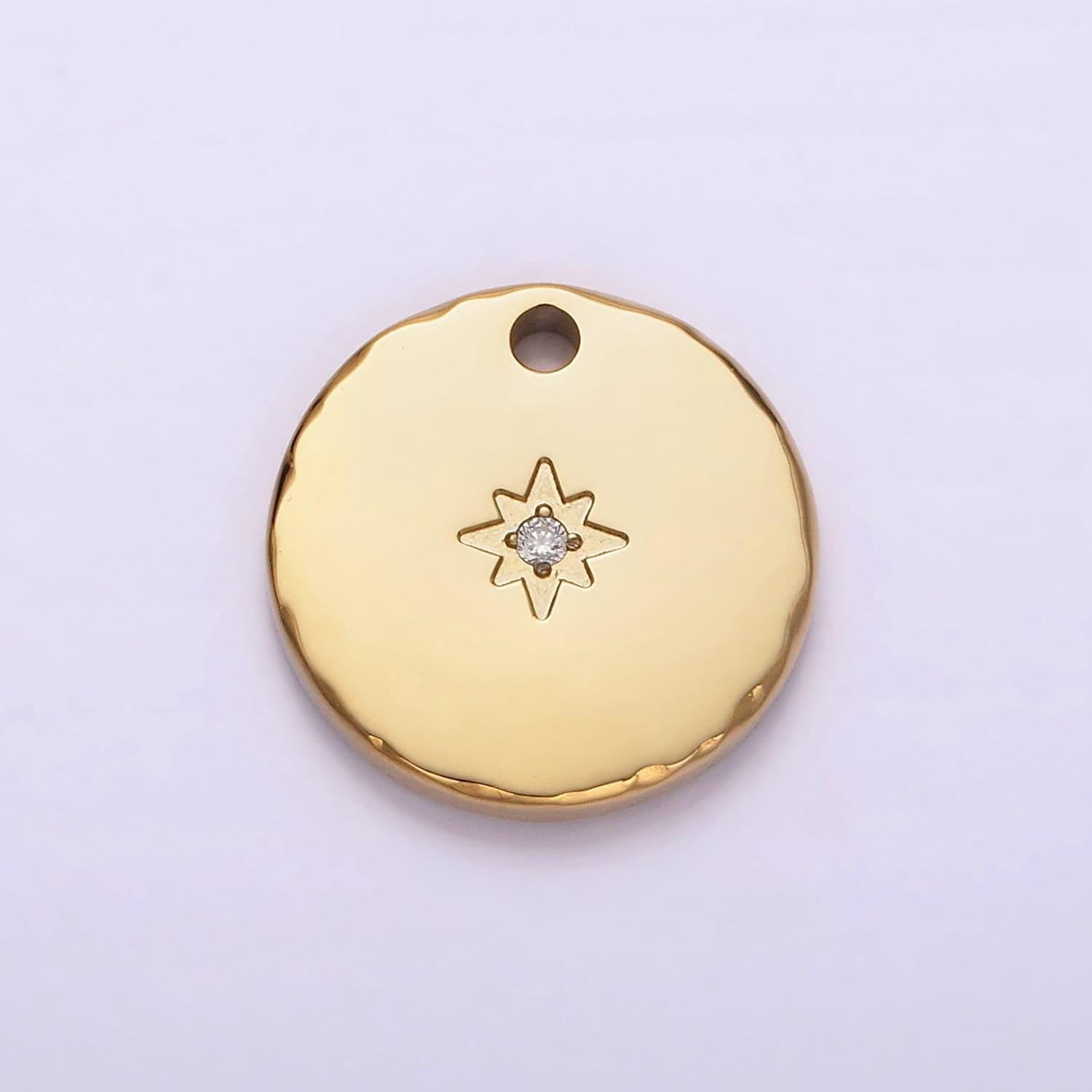 Stainless steel clear cz celestial north star 15.5mm round coin gold charm | p1287