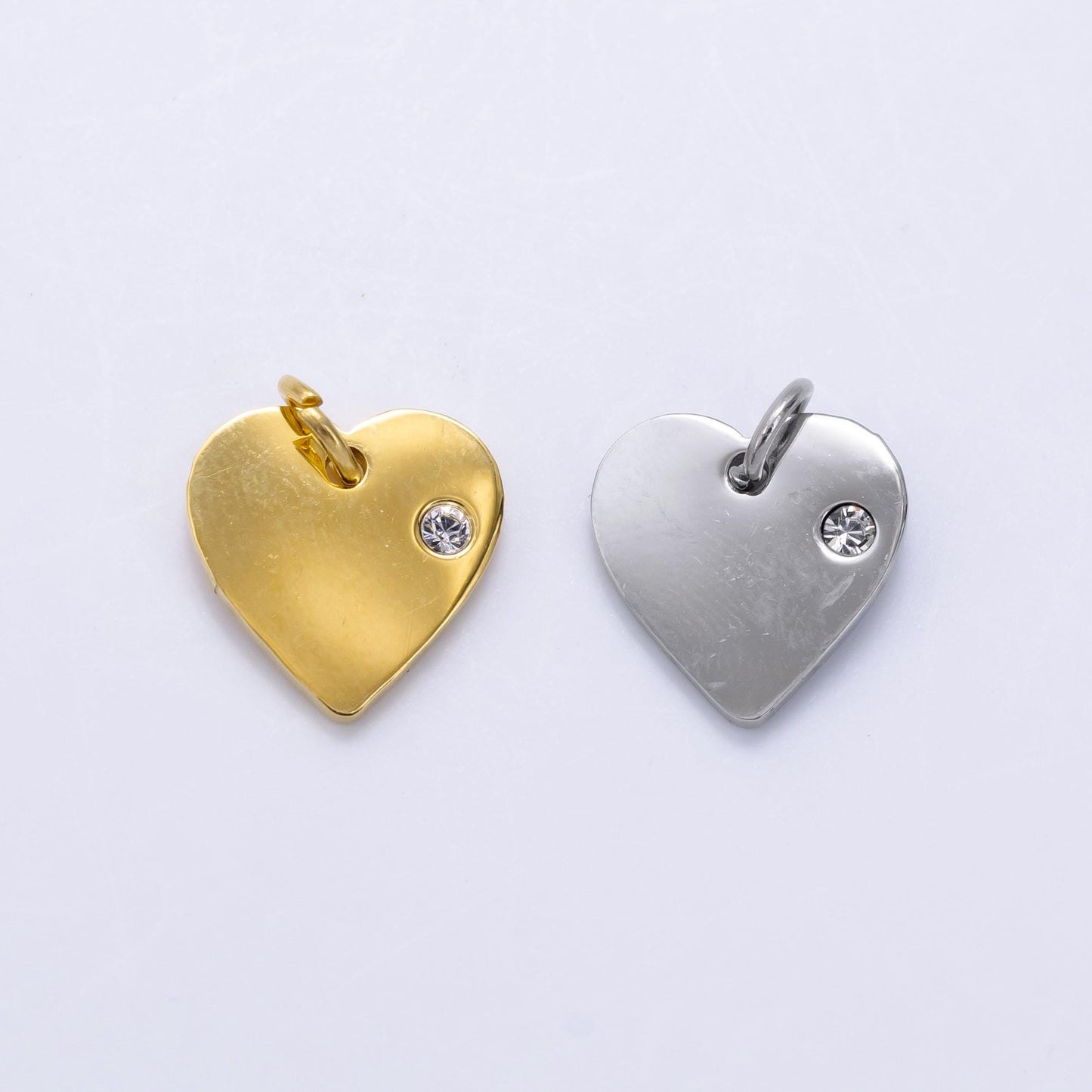 Mini flat stainless steel heart in gold & silver cz charm | p-1279