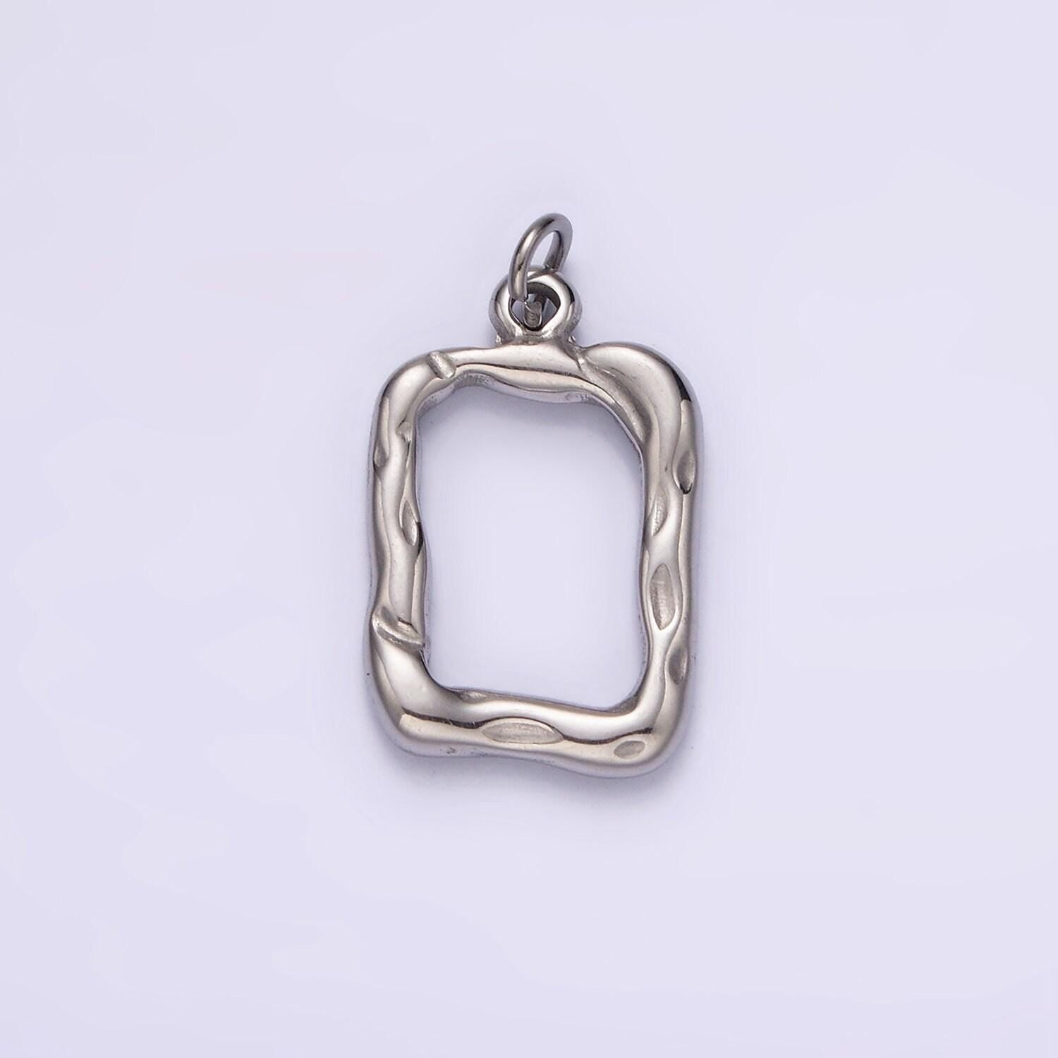 Stainless steel 20mm open hammered rectangular charm in gold & silver | p1263
