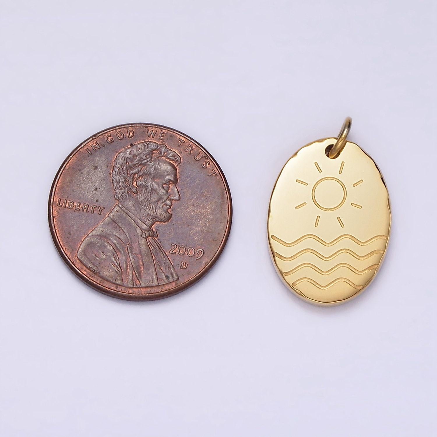 Stainless steel oval summer charms, steel sun beach pendants minimalist ocean jewelry lightweight p-1243