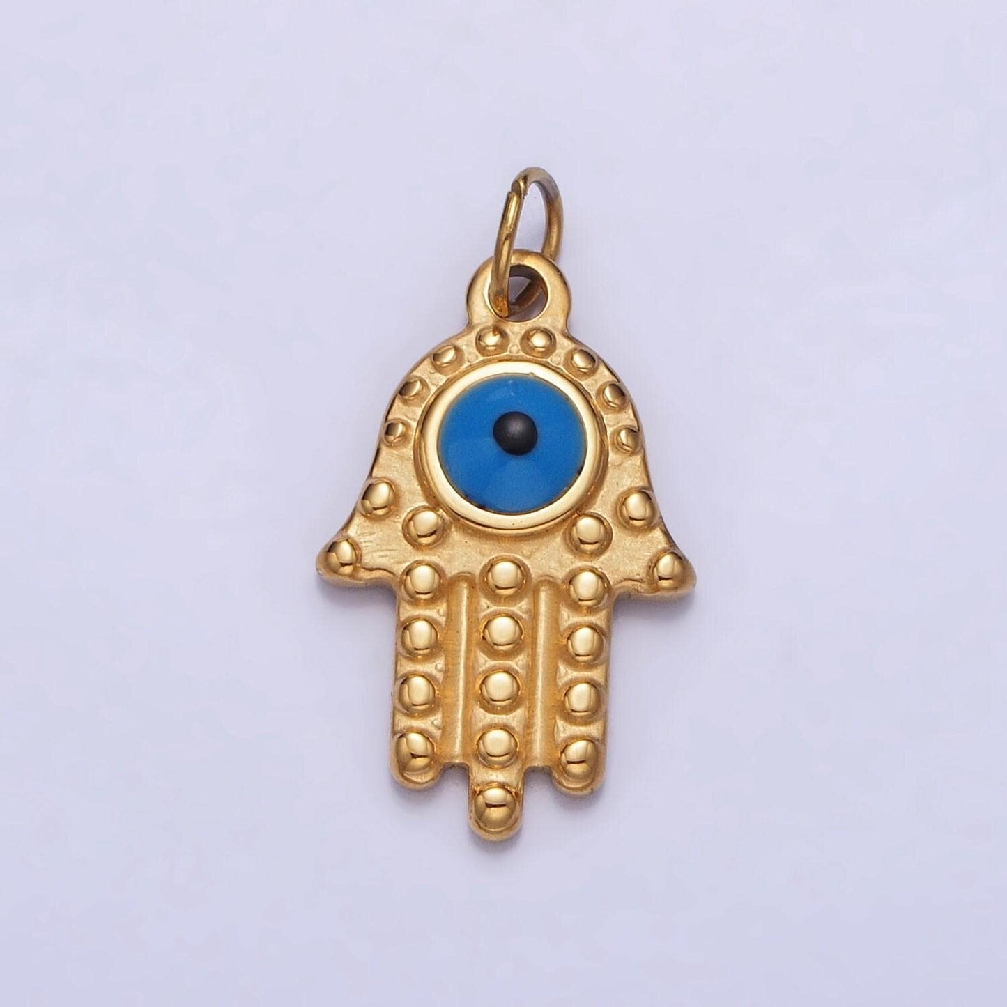 Stainless steel blue evil eye enamel hamsa hand charm in gold & silver | ab1104 p-1230