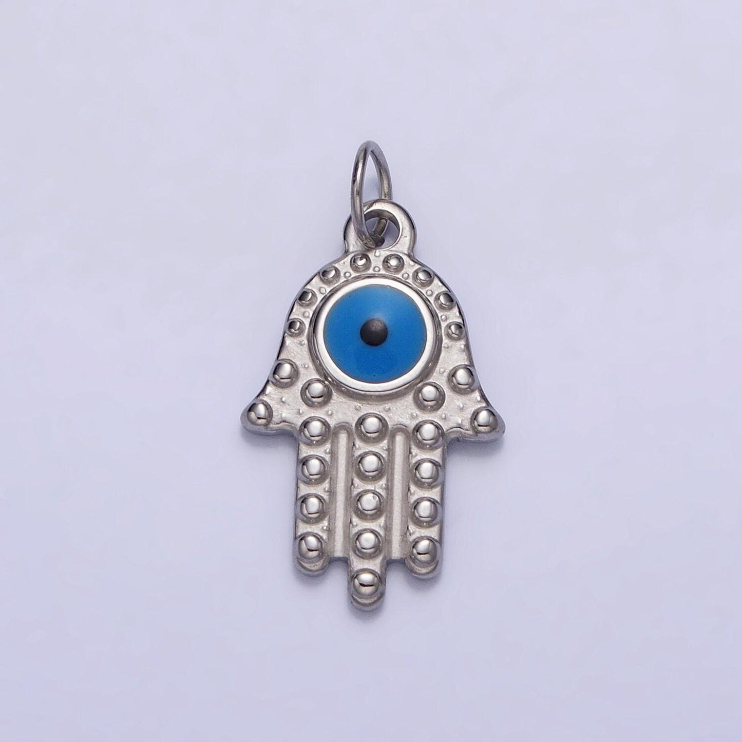 Stainless steel blue evil eye enamel hamsa hand charm in gold & silver | ab1104 p-1230