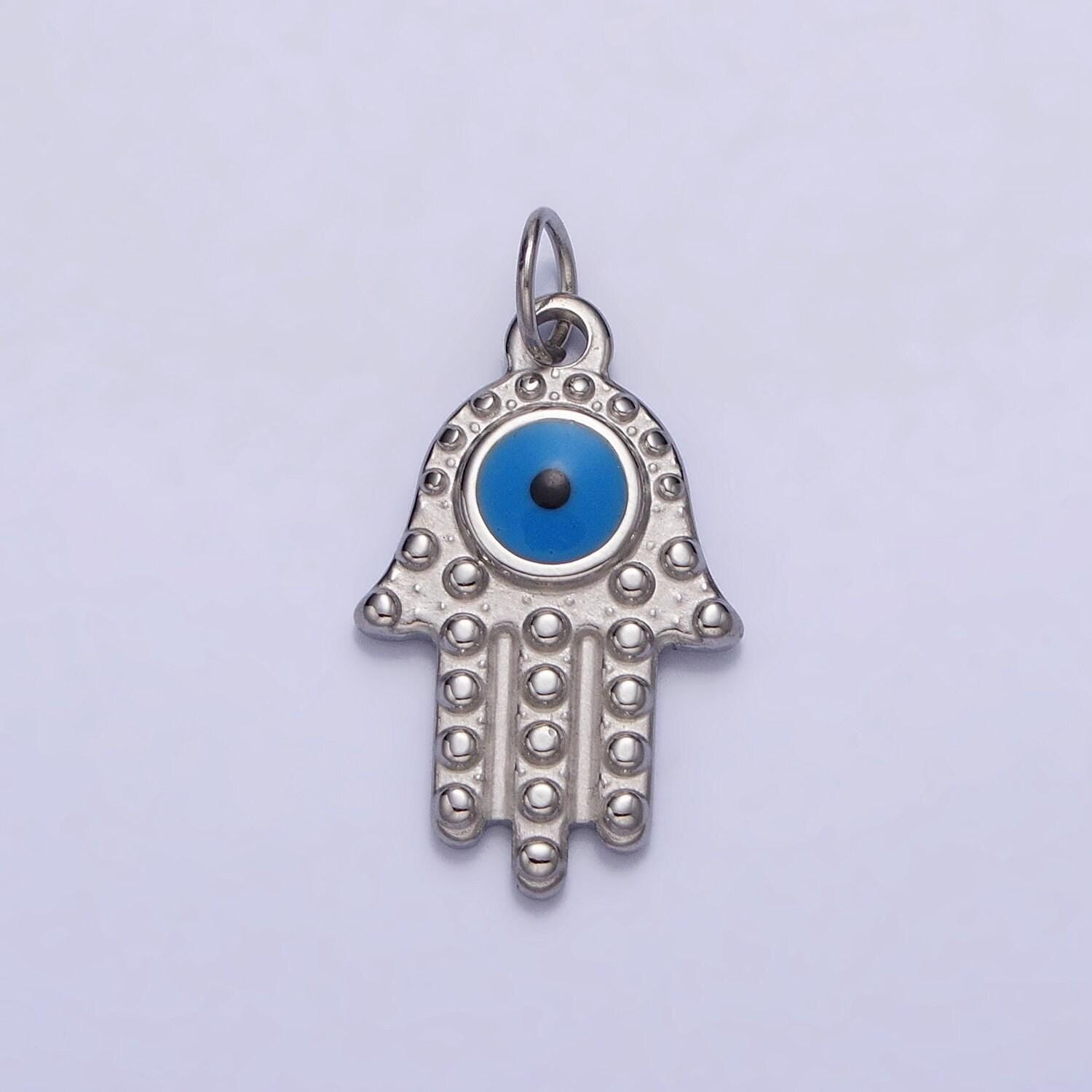Stainless steel blue evil eye enamel hamsa hand charm in gold & silver | ab1104 p-1230