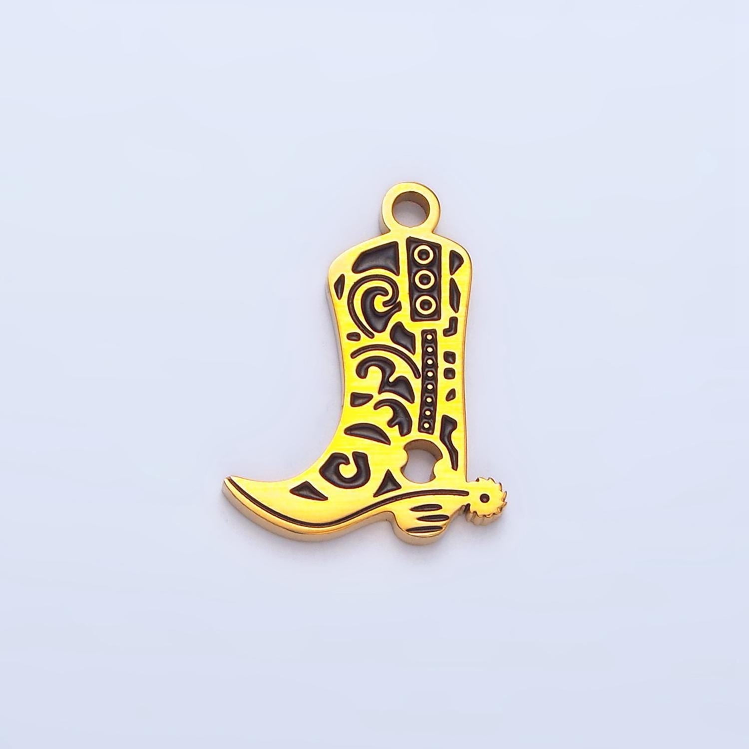 Stainless steel artisan engraved cowboy boots shoes charm in gold wild west jewelry inspired | p1227