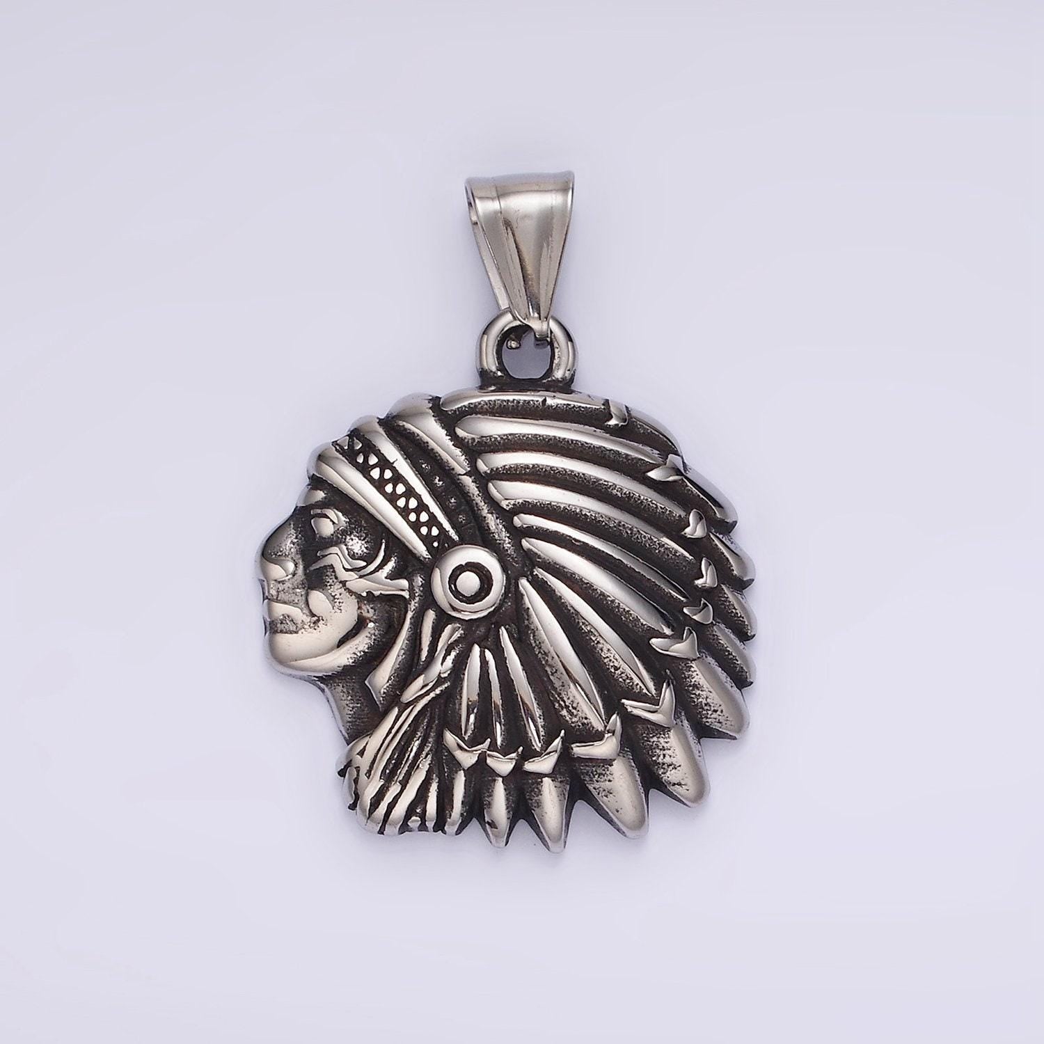 Stainless steel native american head pendant 40mm chief charm | p-1183