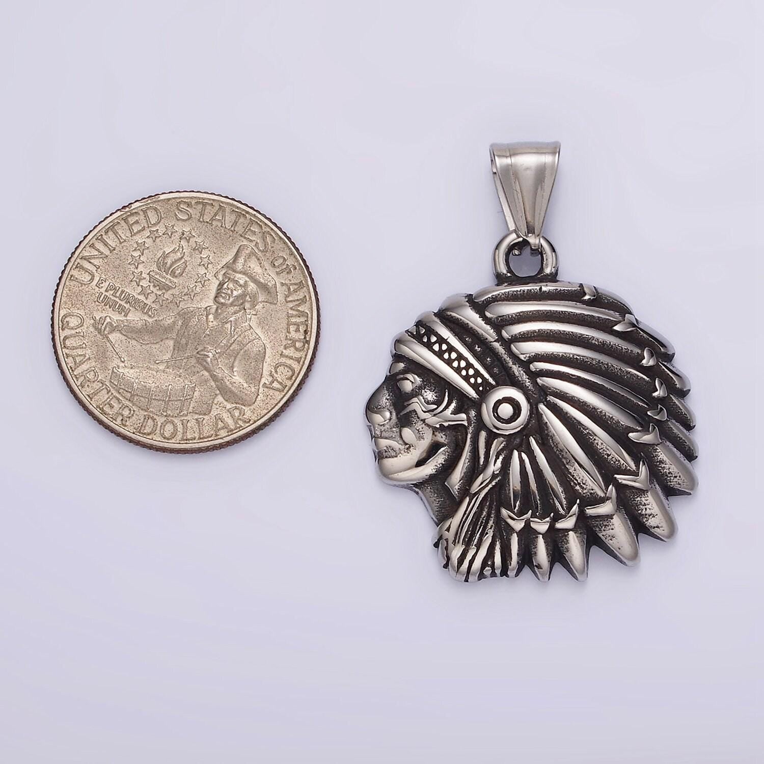 Stainless steel native american head pendant 40mm chief charm | p-1183