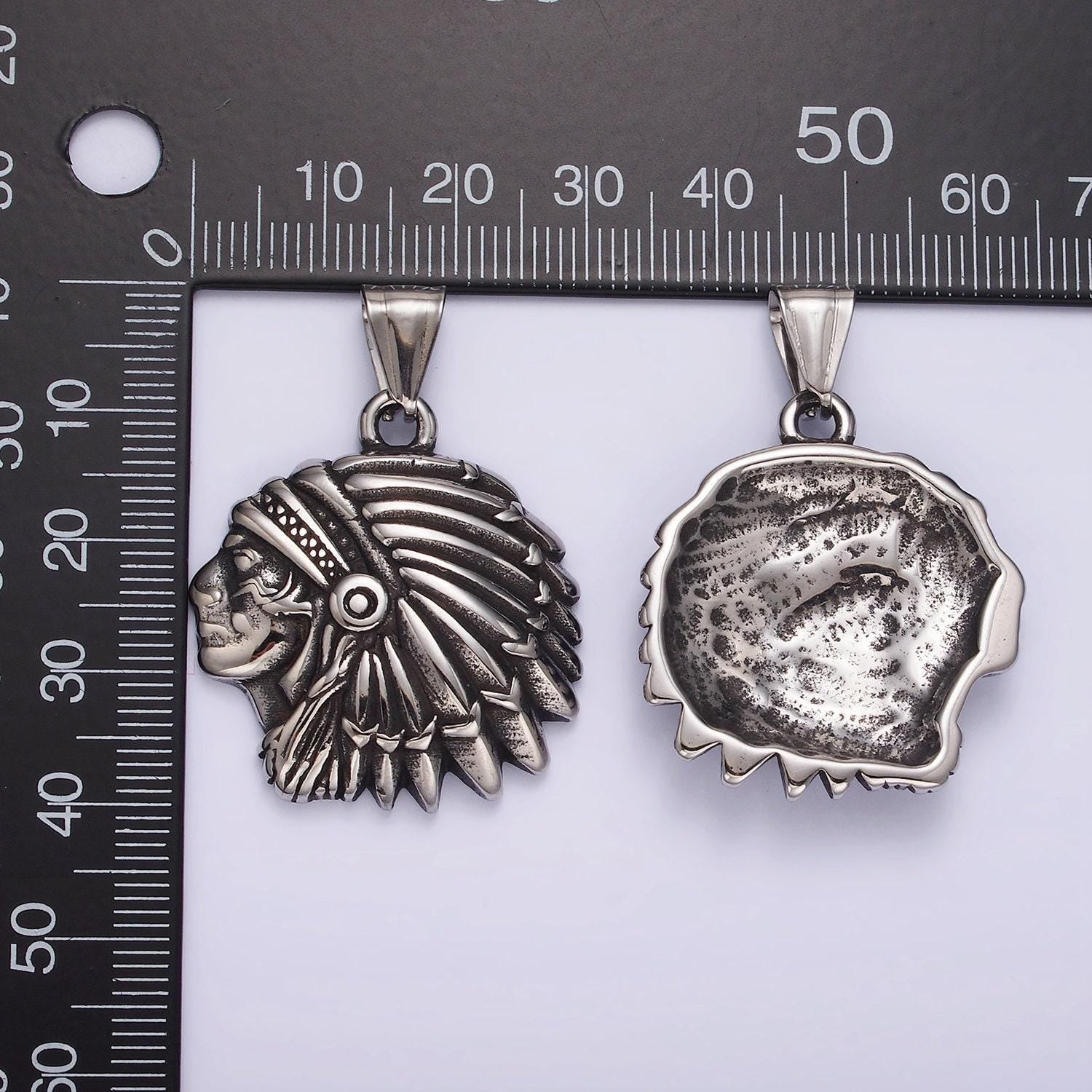 Stainless steel native american head pendant 40mm chief charm | p-1183
