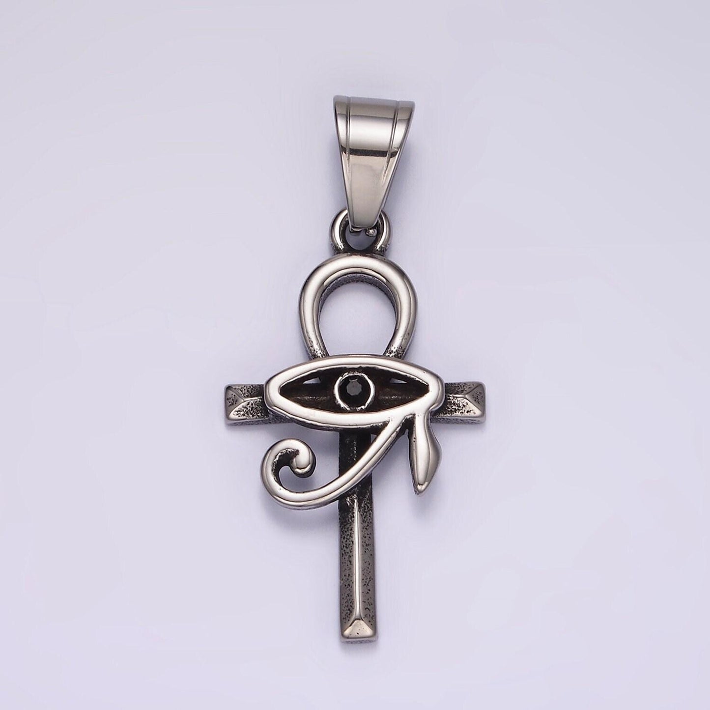 Silver ancient egyptian ankh cross with minimalist simple eye of ra pendant for necklace component | p-1178