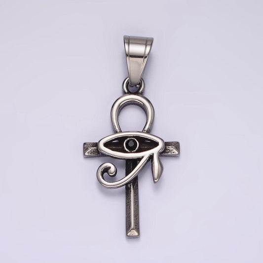 Silver ancient egyptian ankh cross with minimalist simple eye of ra pendant for necklace component | p-1178