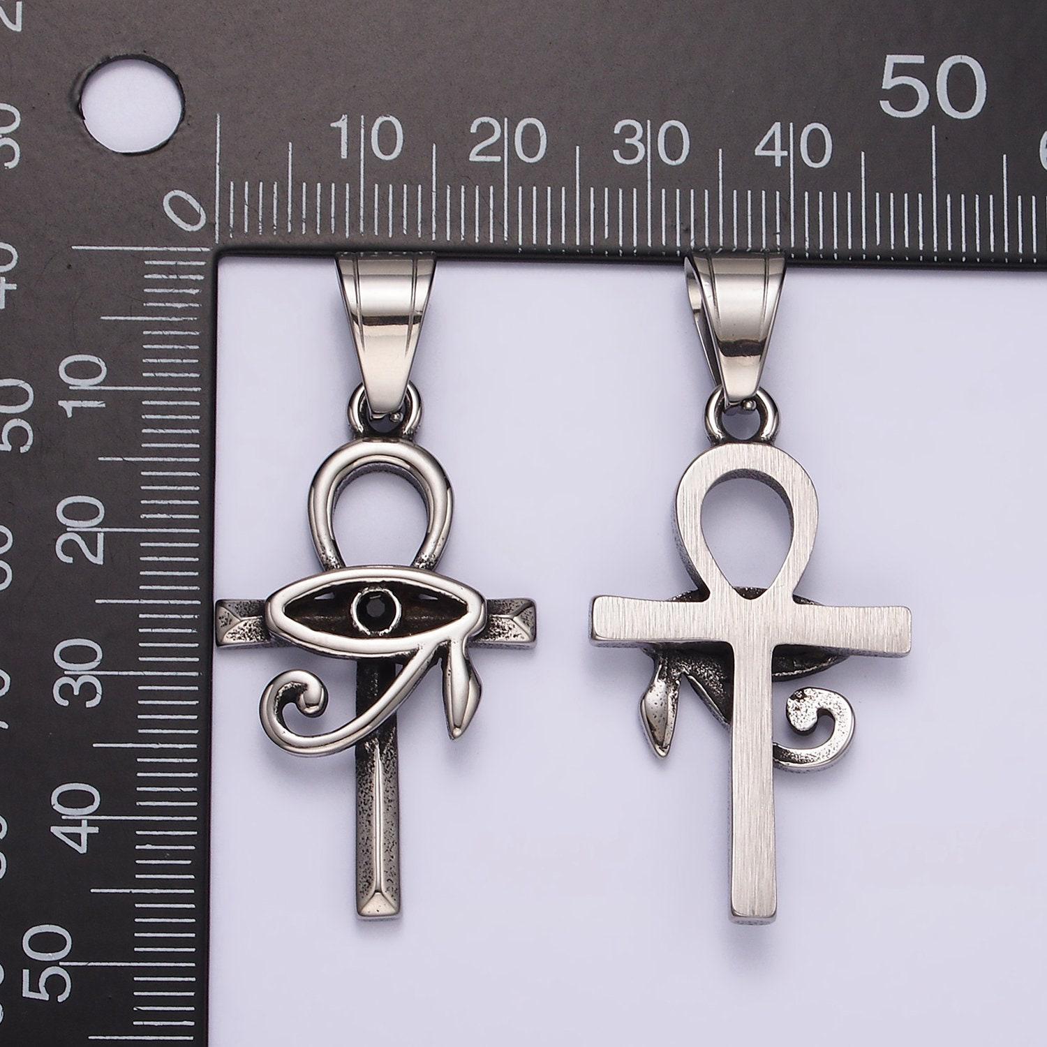 Silver ancient egyptian ankh cross with minimalist simple eye of ra pendant for necklace component | p-1178