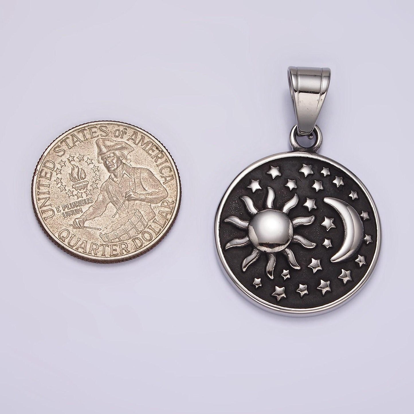 Stainless steel flat pendant with sun, moon and stars pendant celestial jewelry inspired | p-1175
